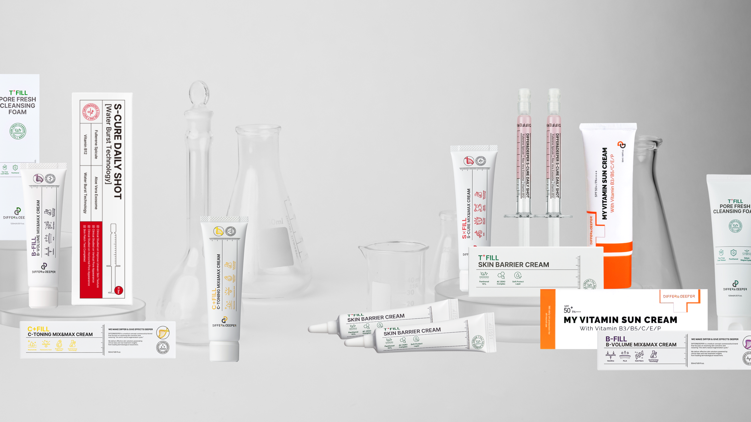 A flat layout of skincare products and containers on pastel-colored platforms against a gradient background, including creams, serums, and gels.