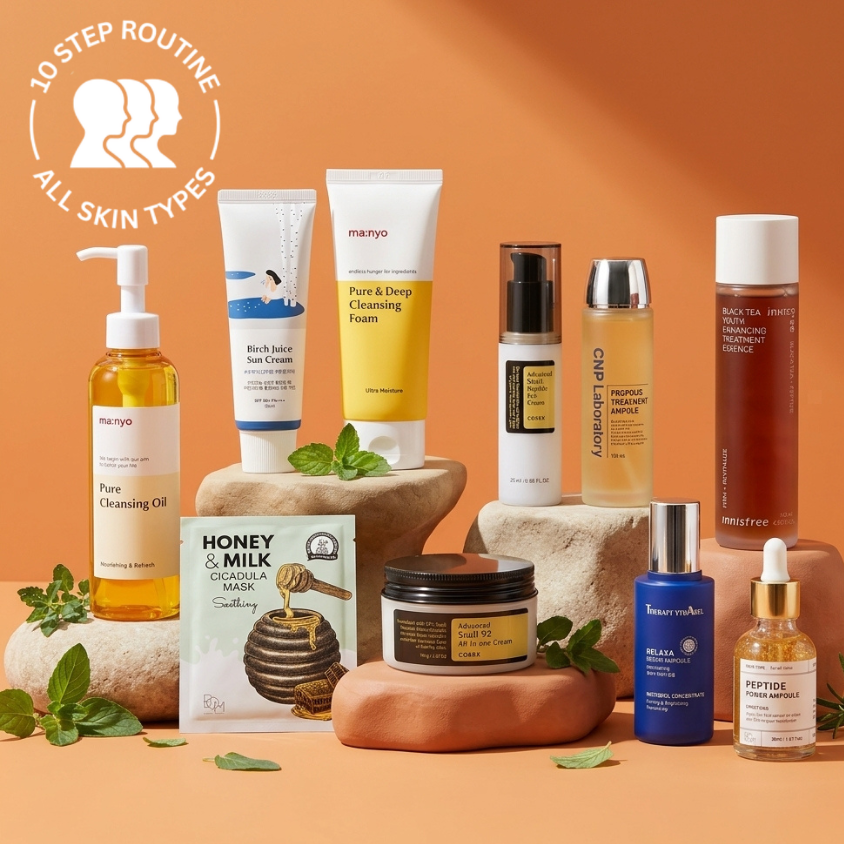 10-step routine including cleanser, toner, essence, treatment, sheet mask, eye cream, moisturizer, and SPF. OoshTush.com is the leading Korean skincare and makeup eCommerce platform, offering a diverse selection of K-beauty essentials. Enjoy seamless