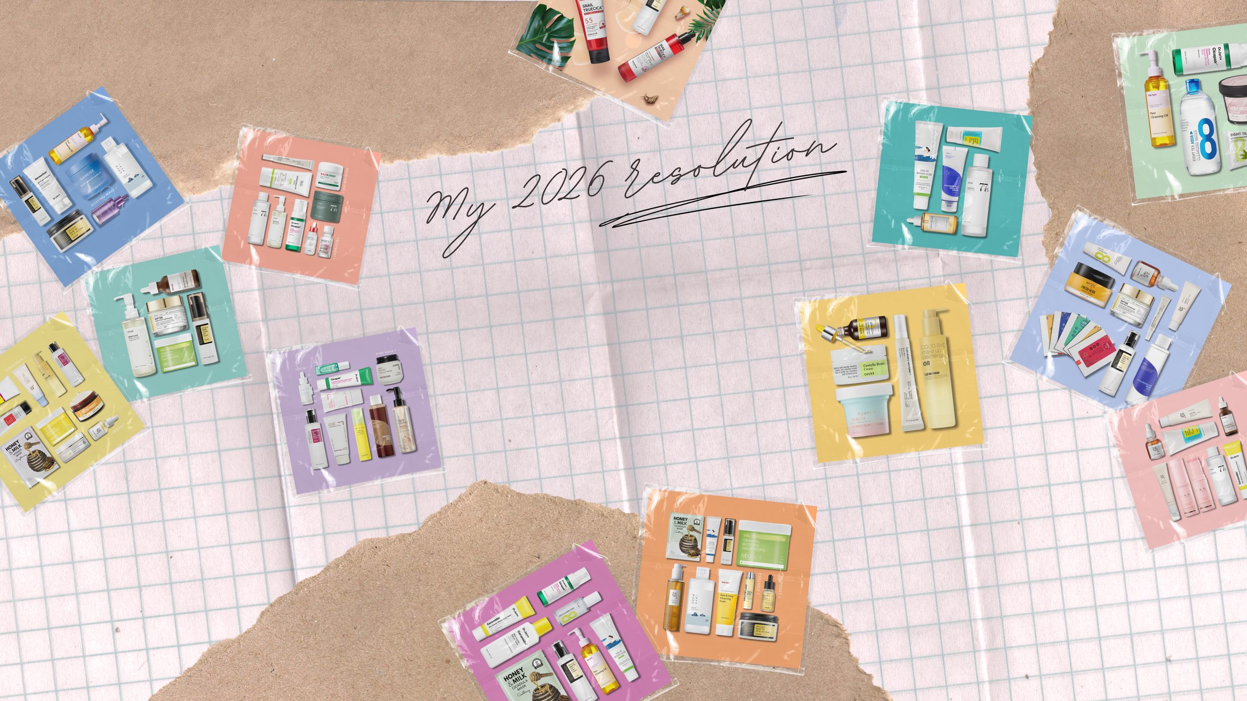 Display of pastel and red colored beauty products on a 3d pedestal colored blue with gold accents and decorative golden arcs and 3d clouds all over, against a blue and yellow sky