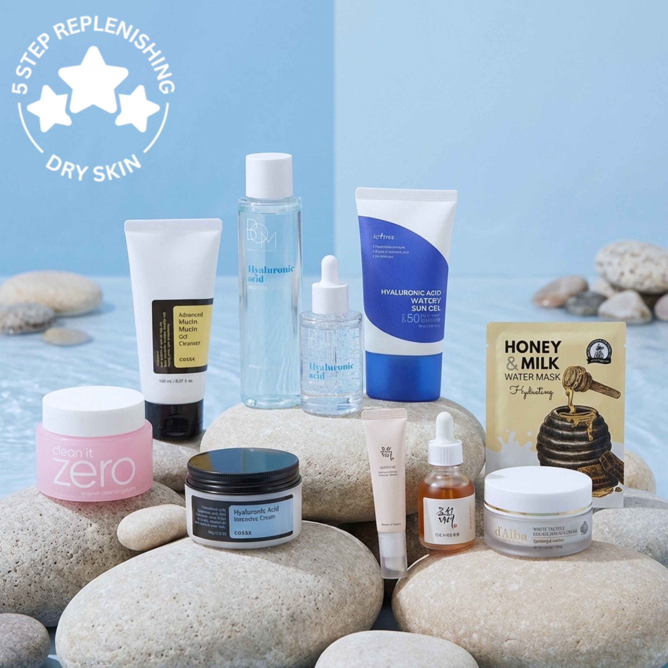 BOM toner, COSRX cleansing foam and cream, Beauty of Joseon cleansing oil, Isntree sun gel, labeled as a 5-step replenishing routine. 