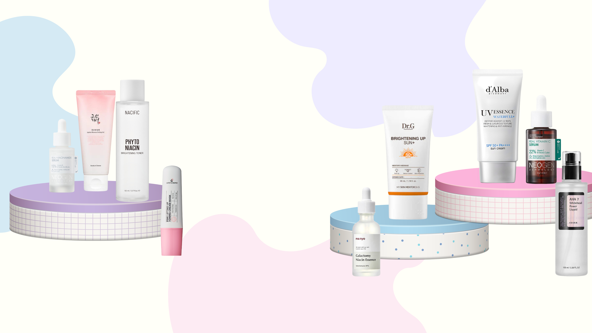 A flat layout of skincare products and containers on pastel-colored platforms against a gradient background, including creams, serums, and gels.
