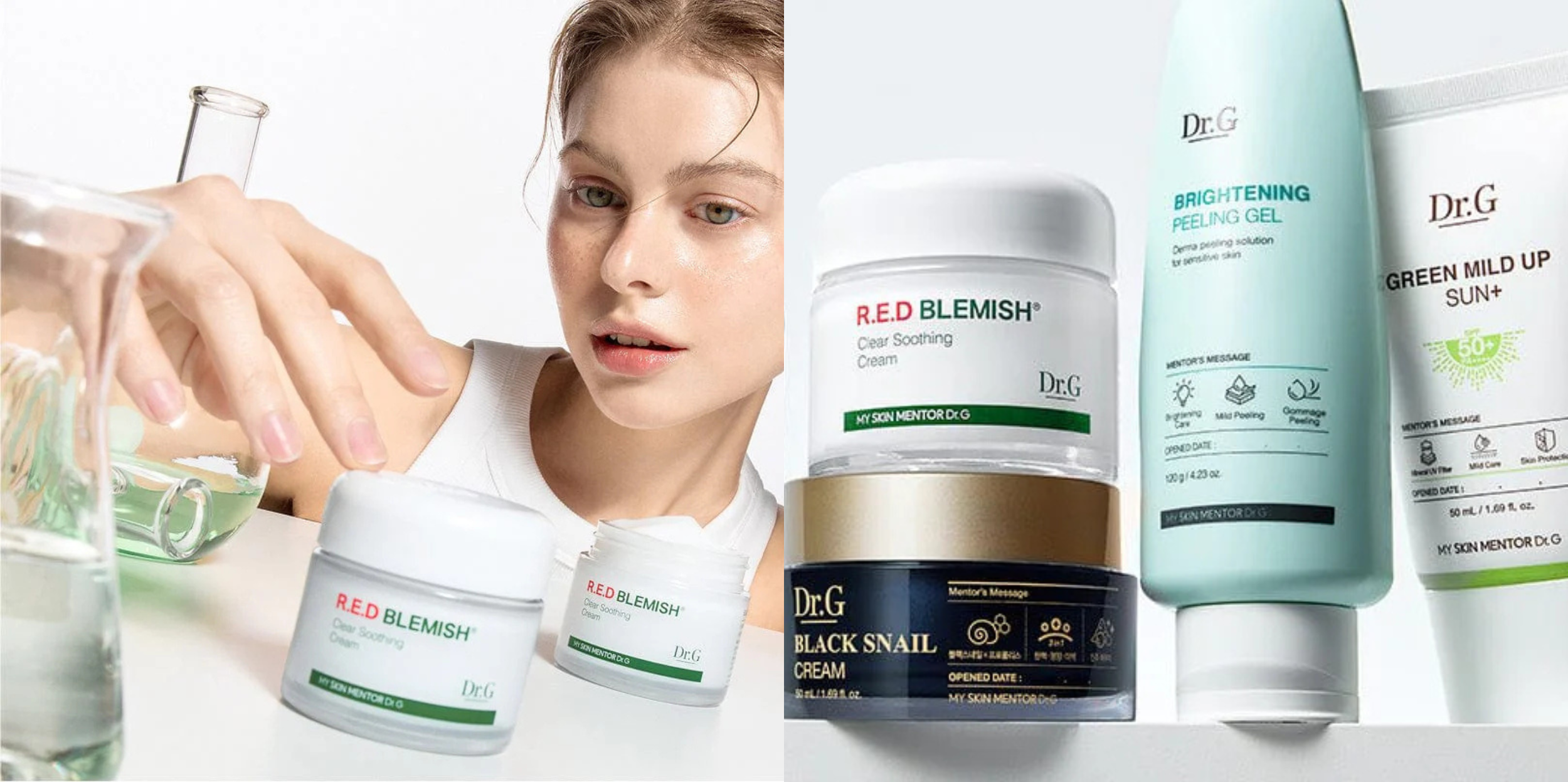A woman applying skincare products, with various Dr.G skincare creams and gels displayed on the table, including R.E.D BLEMISH, BLACK SNAIL, Brightening Peeling Gel, and Green Mild Up Sun.