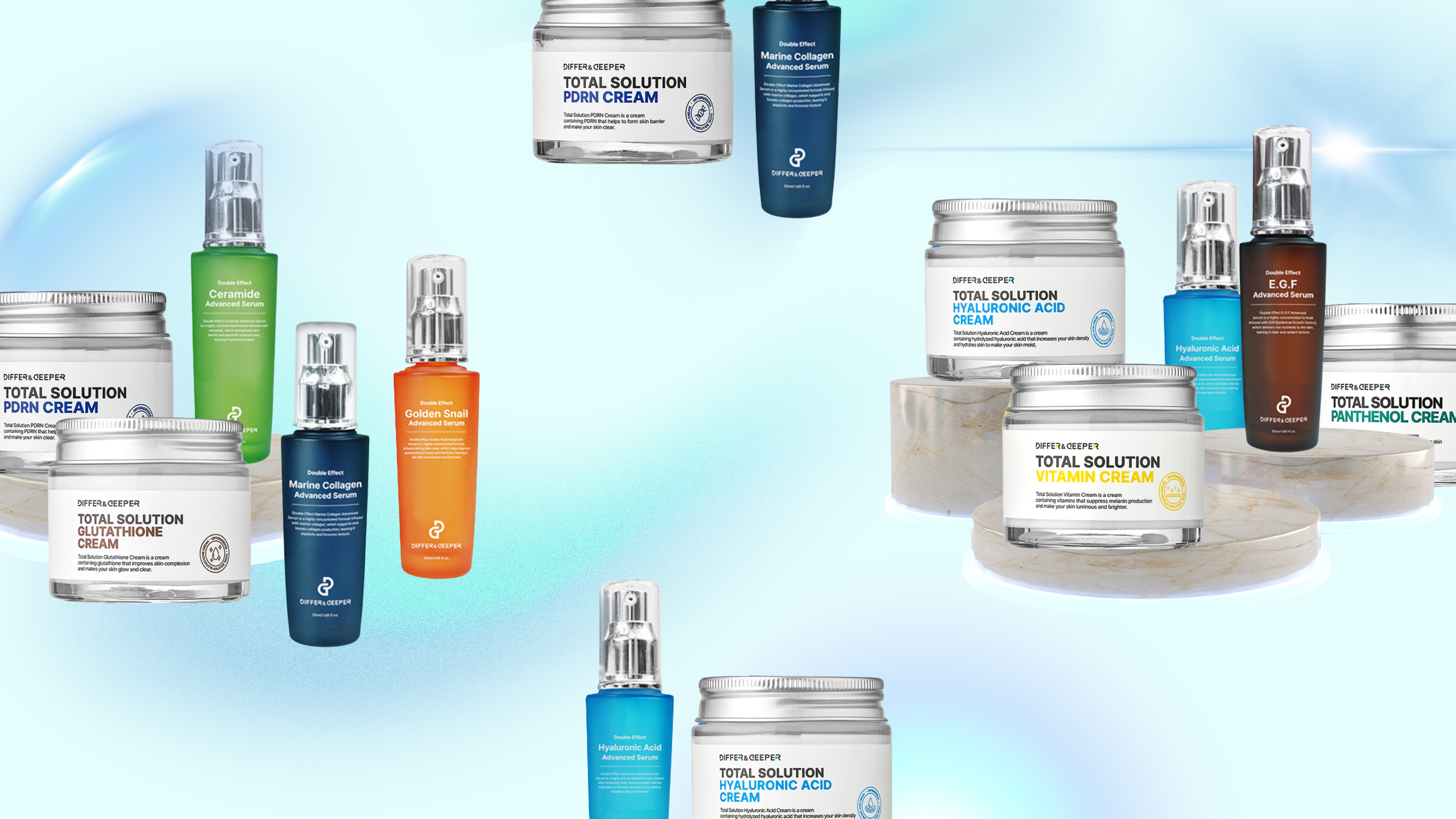 A flat layout of skincare products and containers on pastel-colored platforms against a gradient background, including creams, serums, and gels.