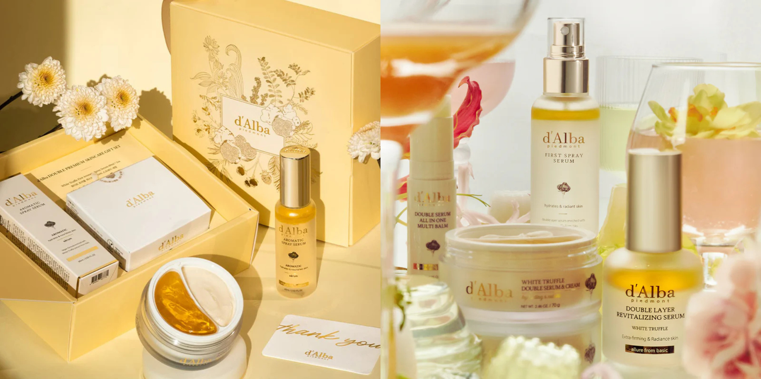 A collection of skincare and beauty products from d'Alba Piedmont, including serums, creams, and facial treatments, displayed with flowers and elegant packaging.