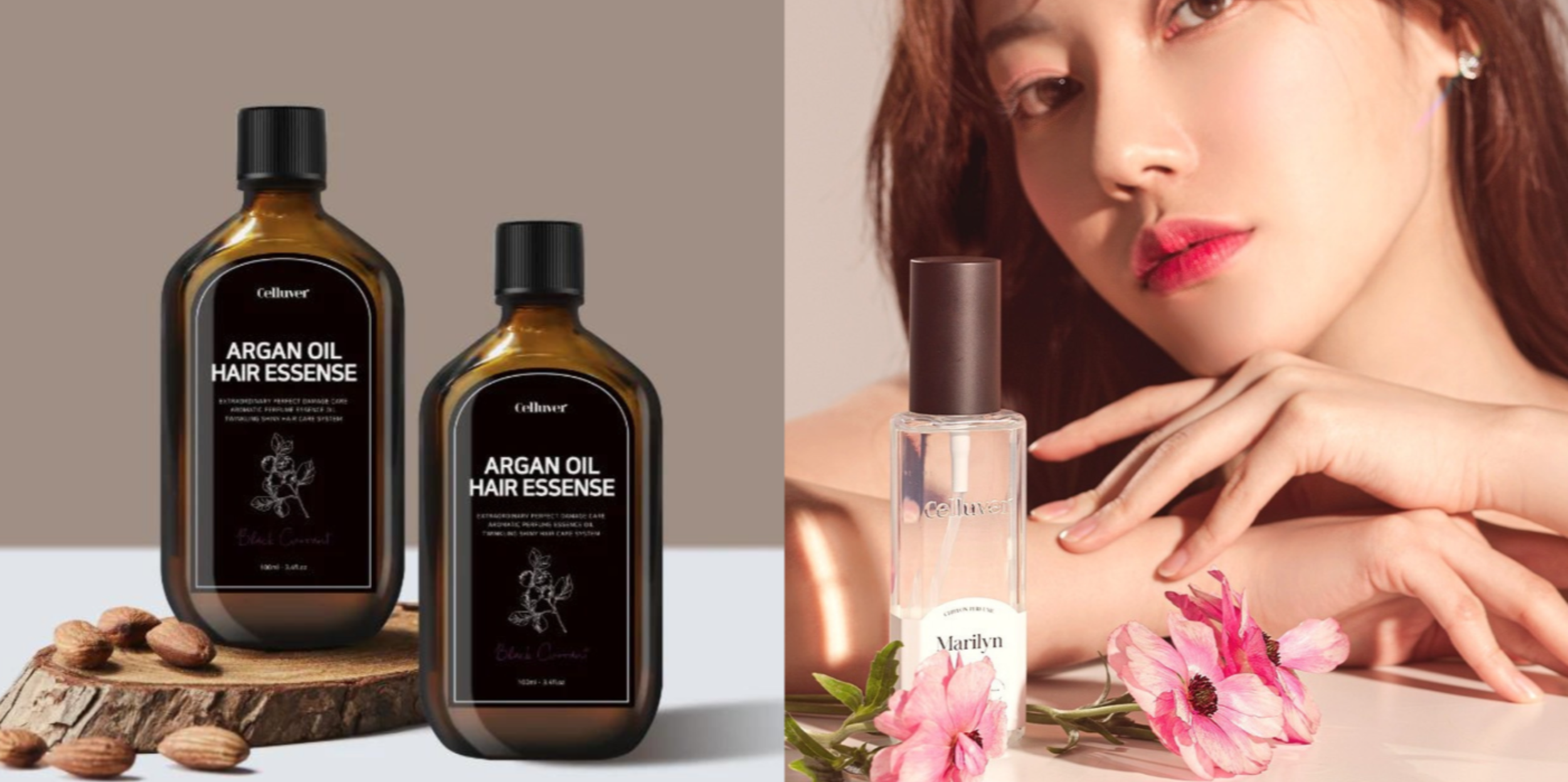 Side-by-side image of hair and skincare products and a woman with red hair. The left side shows two bottles labeled 'Argan Oil Hair Essense' on a wooden surface with almonds. The right side shows a woman with red hair, wearing a earring, with a clear perfume bottle labeled 'Marilyn' and pink flowers in front of her.
