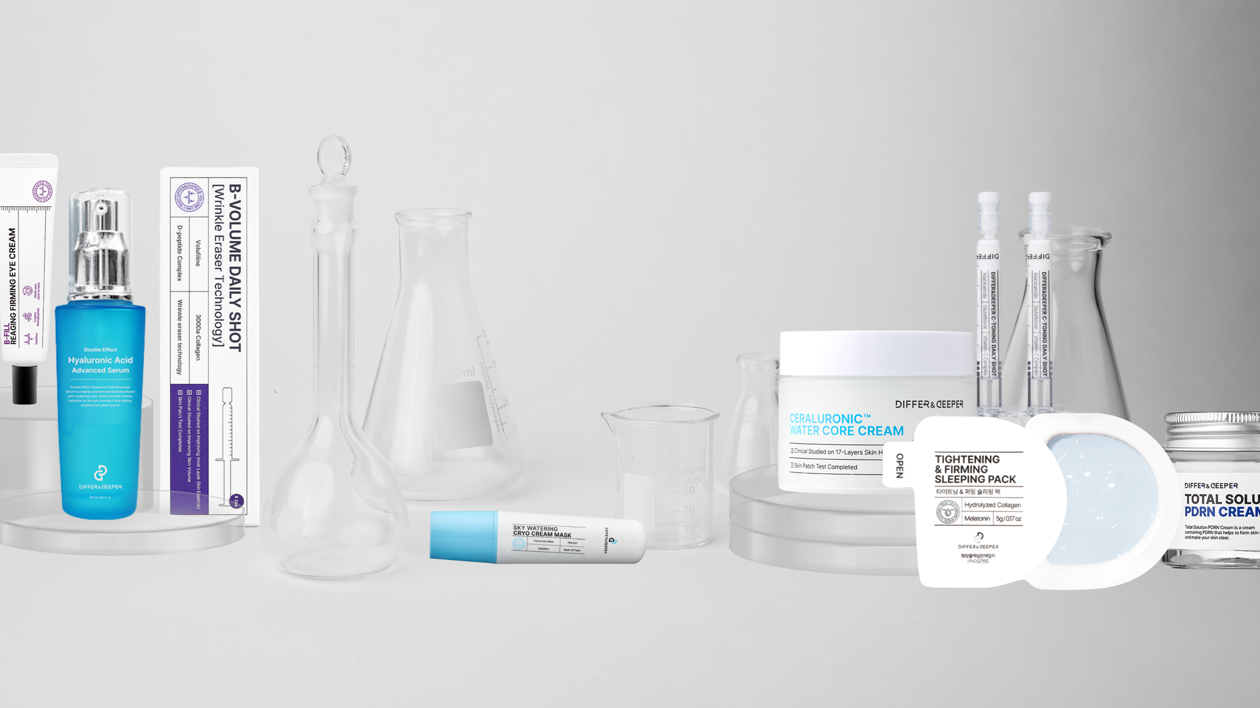 A flat layout of skincare products and containers on pastel-colored platforms against a gradient background, including creams, serums, and gels.