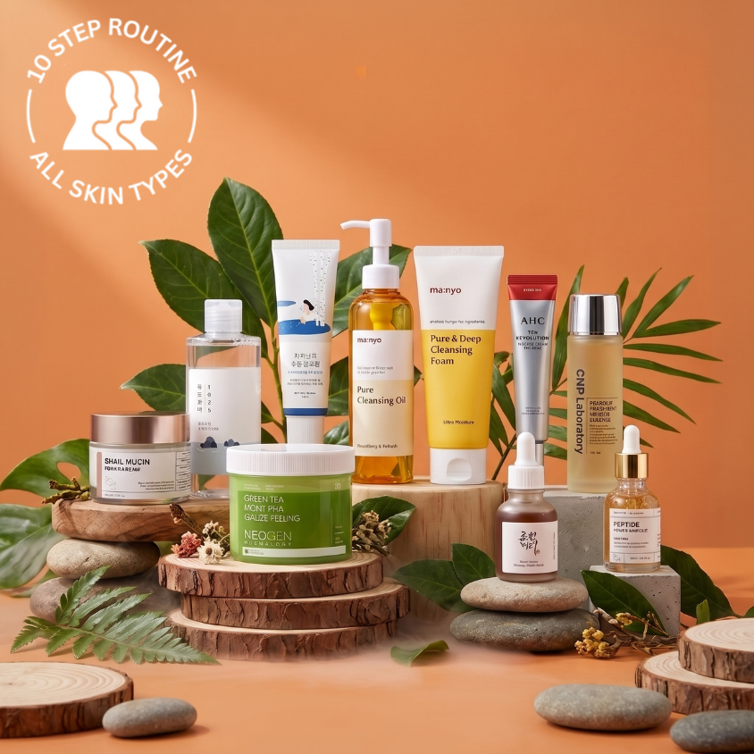 10-step routine including cleanser, toner, essence, treatment, sheet mask, eye cream, moisturizer, and SPF. OoshTush.com is the leading Korean skincare and makeup eCommerce platform, offering a diverse selection of K-beauty essentials. Enjoy seamless