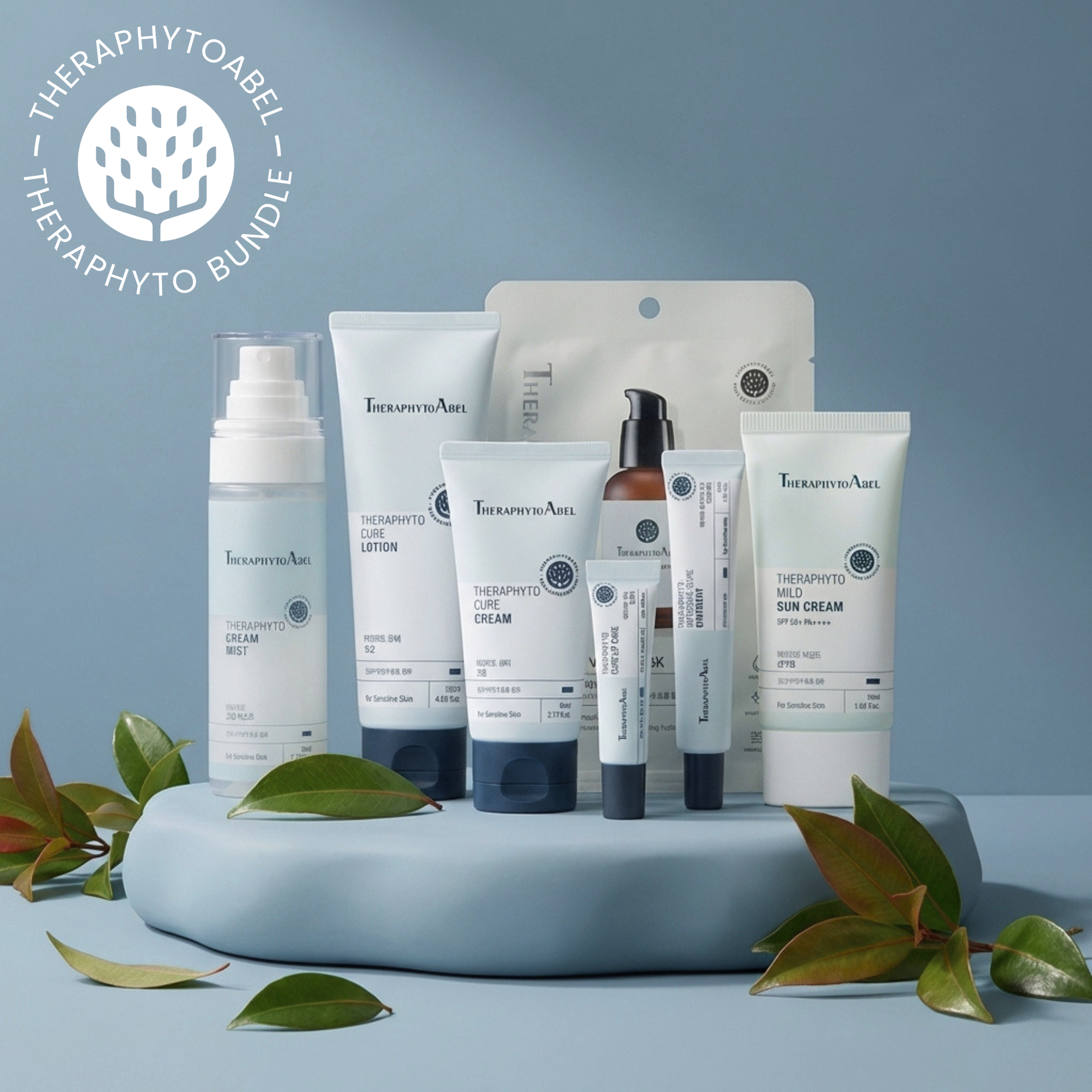 Arrangement of skincare products including creams, lotions, and ointments with green leaves on a blue background.