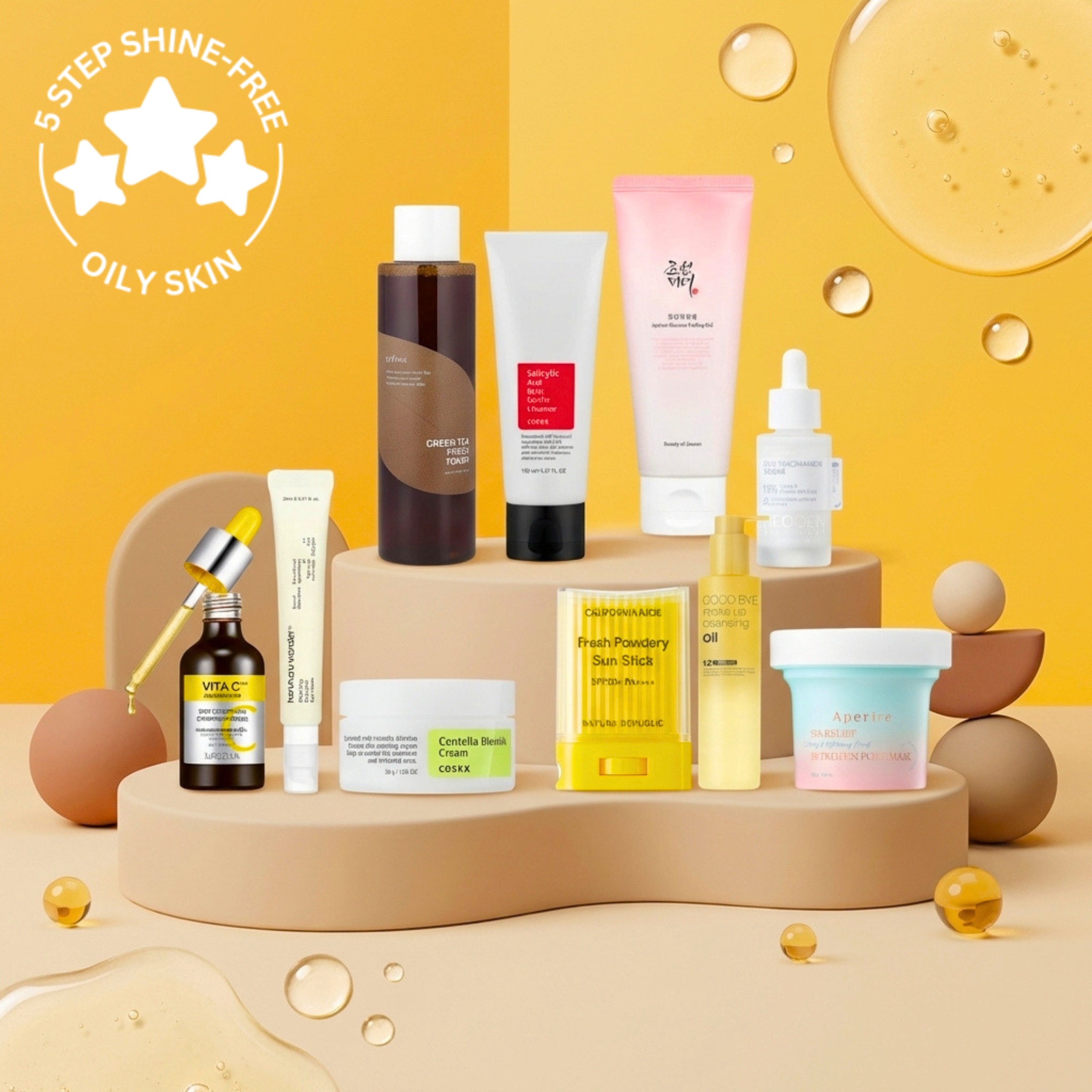 5-step shine-free routine for oily skin, featuring essential and advanced items including a serum, cleansing oil, matte sun stick, foam cleanser, and pore lifting mask. OoshTush.com is the leading Korean skincare and makeup eCommerce platform, offeri