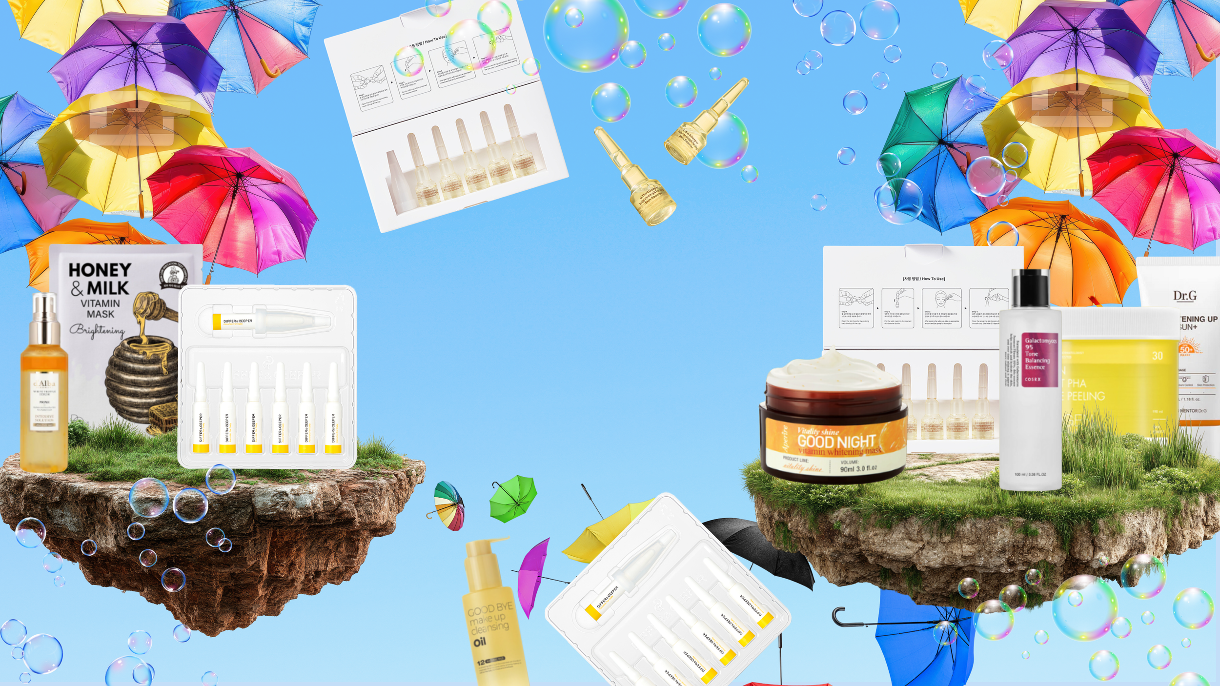 A flat layout of skincare products and containers on pastel-colored platforms against a gradient background, including creams, serums, and gels.