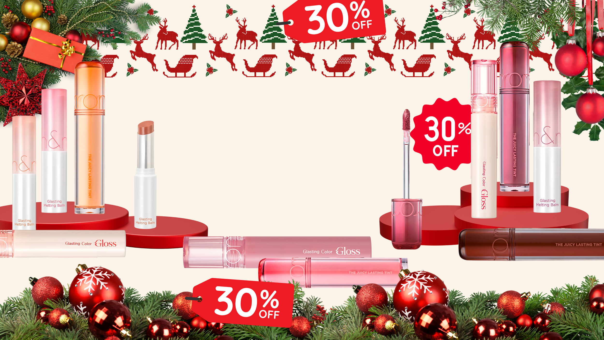 Woman with long dark hair and white top posing beside skincare products on a white and pink background