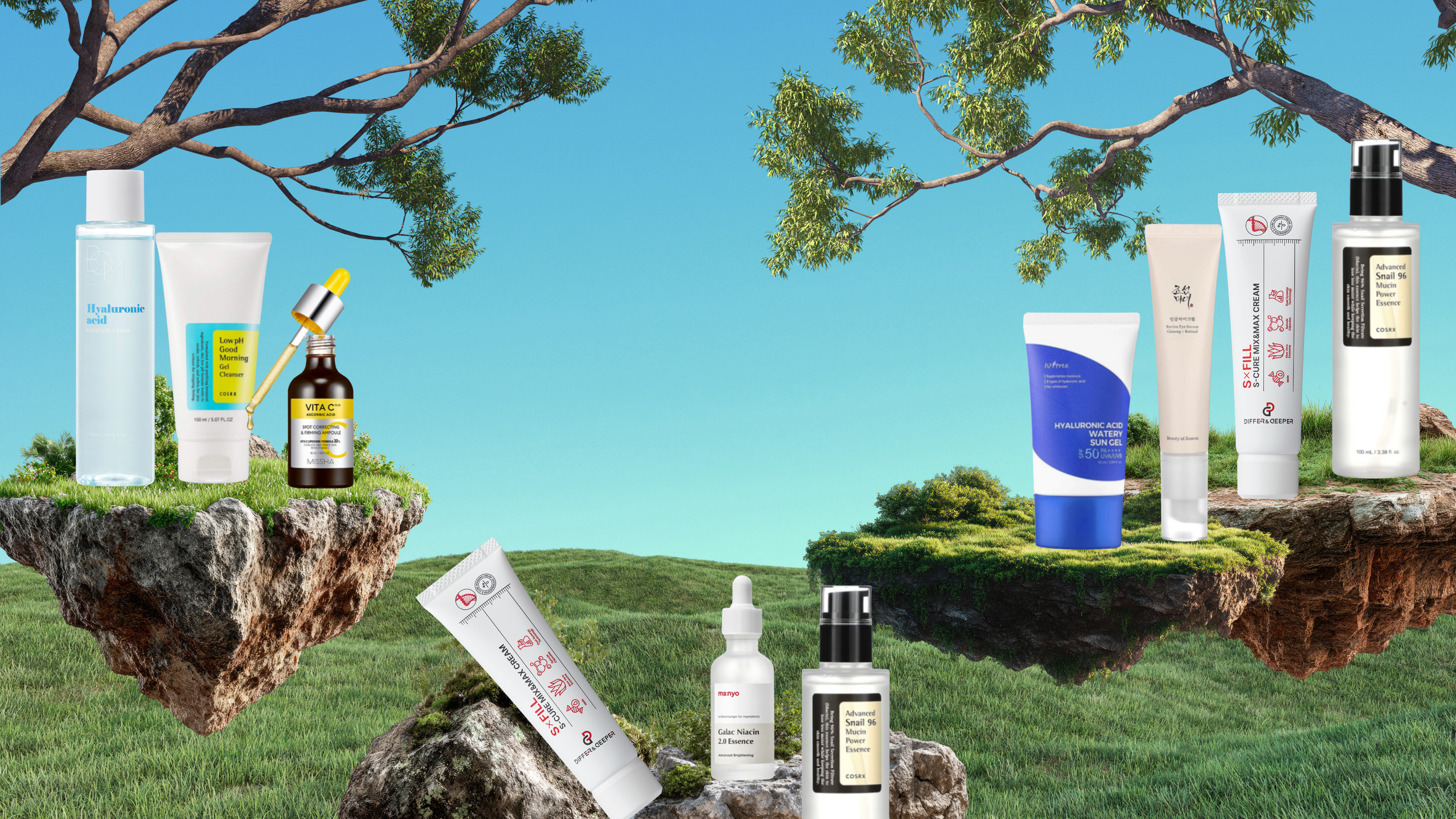 Display of pastel and red colored beauty products on a 3d pedestal colored blue with gold accents and decorative golden arcs and 3d clouds all over, against a blue and yellow sky