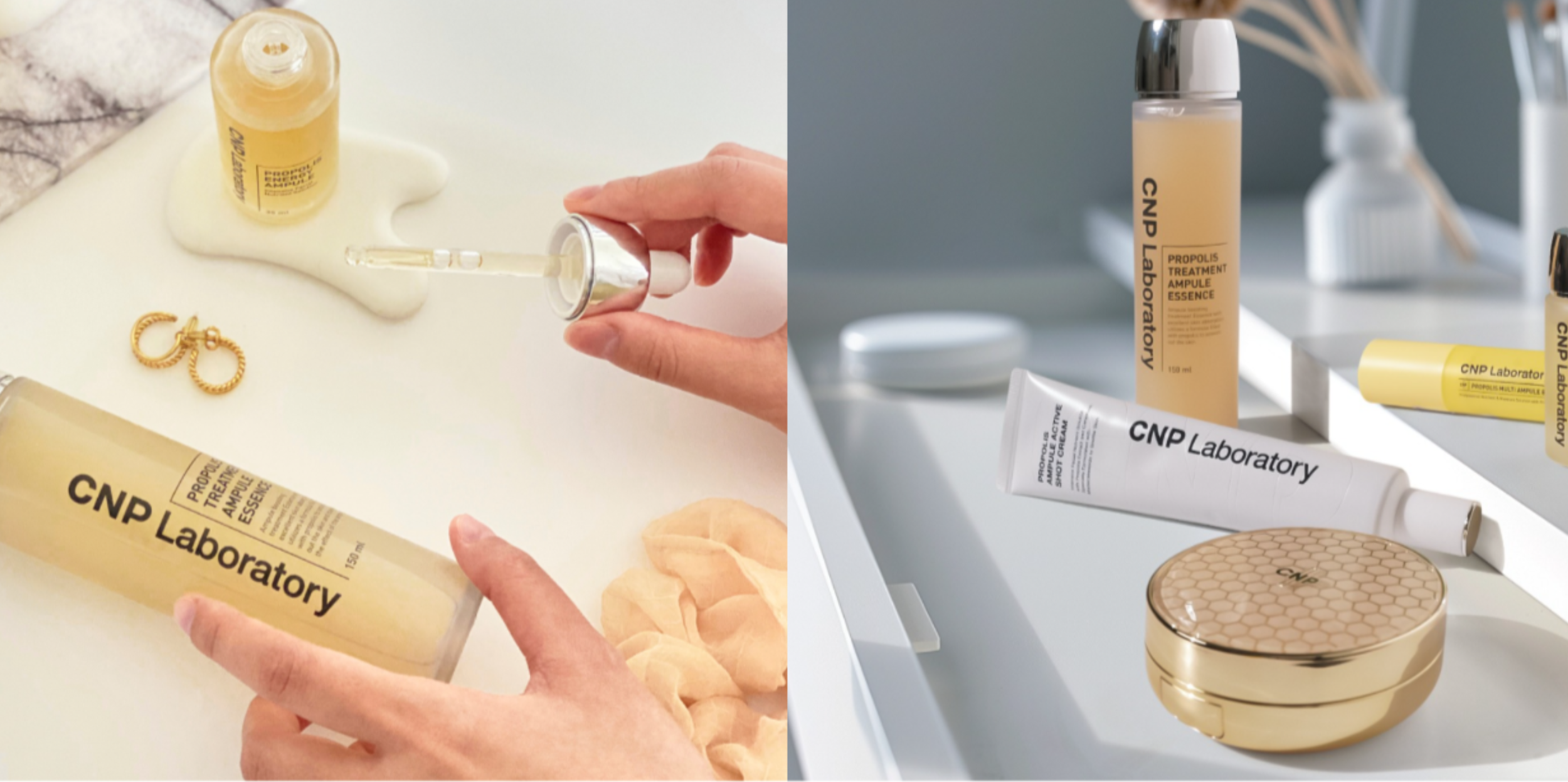 Split image showing skincare products and jewelry. On the left, a hand holds a glass dropper and a bottle labeled 'CNP Laboratory Propolis Treatment Ampoule Essence.' There are a pair of gold earrings, a cream-colored cloth, and a creamy substance on a white surface. On the right, a white surface holds various skincare items including bottles, a tube labeled 'CNP Laboratory,' and a golden compact case.