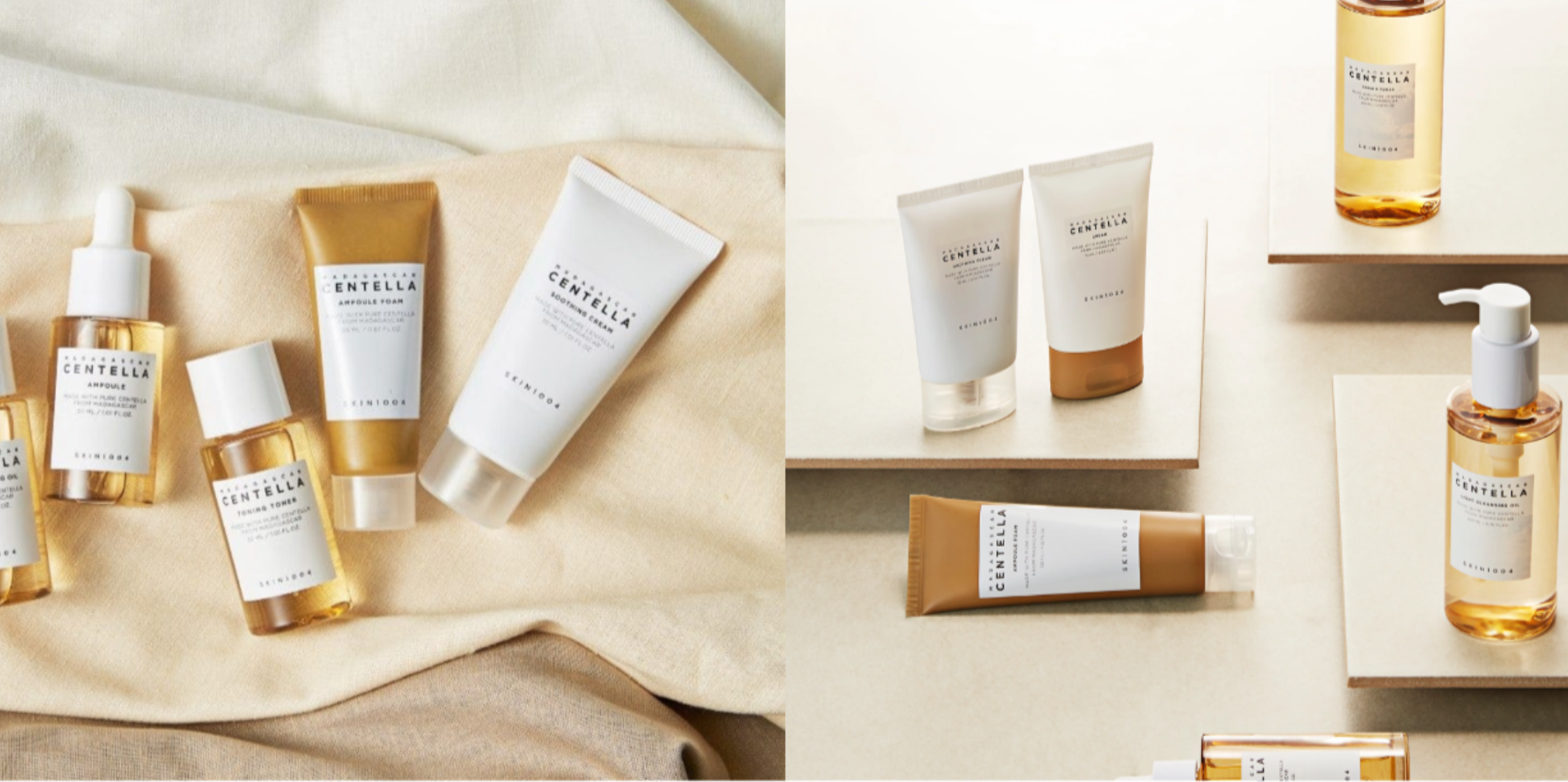 Collection of skincare products with white and gold packaging on beige surfaces and fabric.