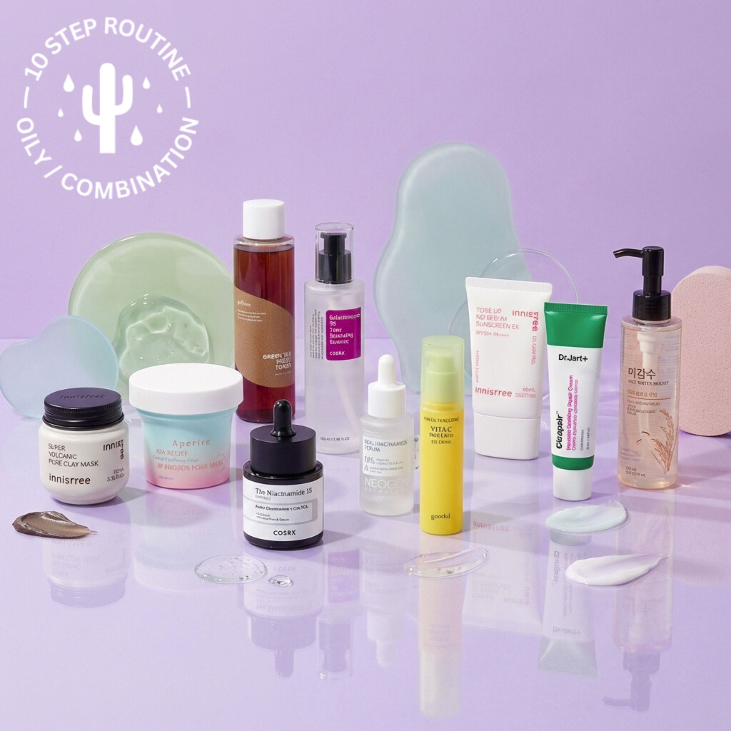 Skincare routine infographic with lavender background, illustrating steps: cleanse (oil and water cleanser, exfoliator), prep (toner, essence), protect (sunscreen, eye cream), nourish (serum, moisturizer).