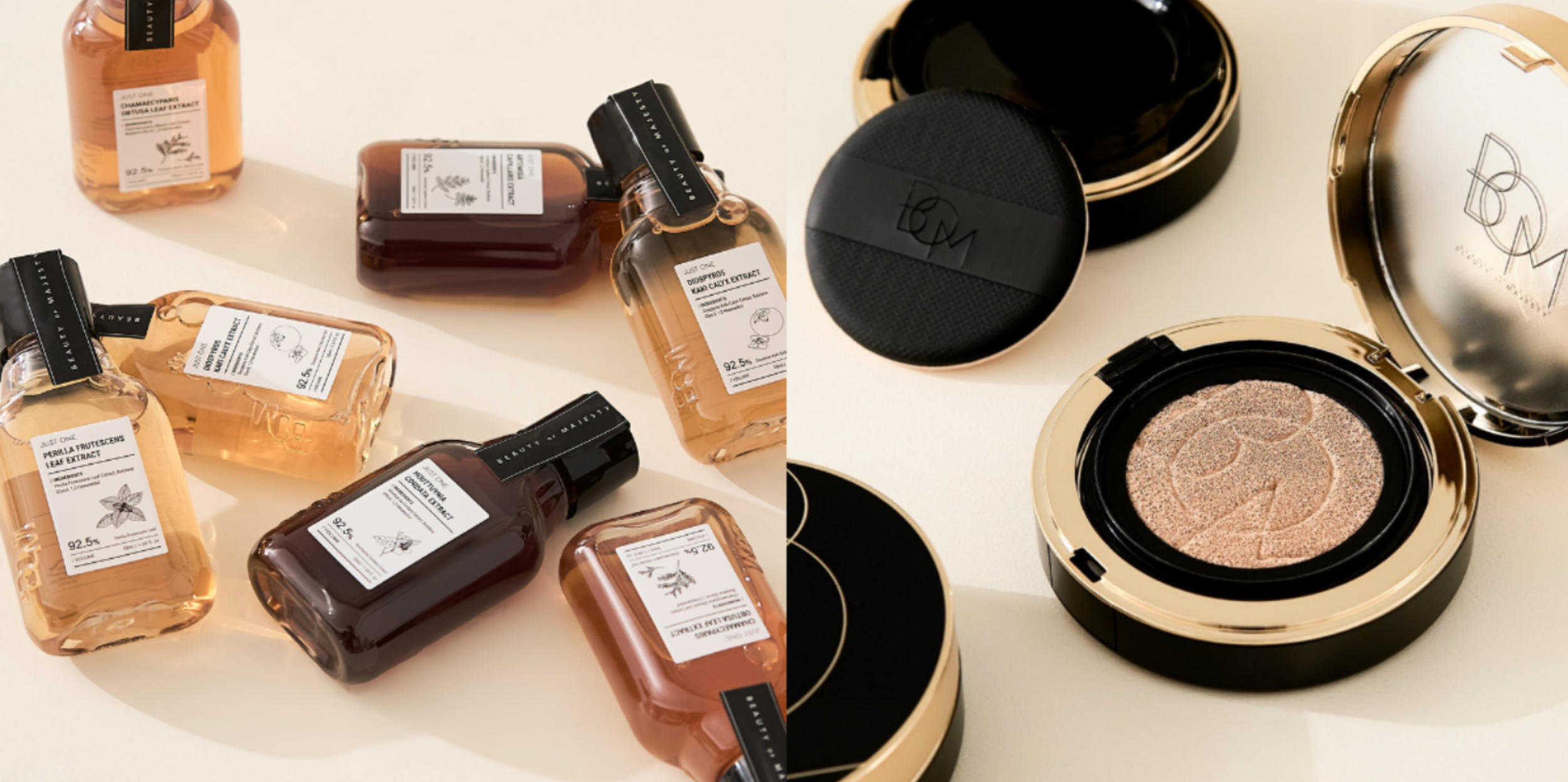 Beauty products including bottles of facial serum with labels and black caps on the left, and a compacts of face powder with gold and black packaging on the right.
