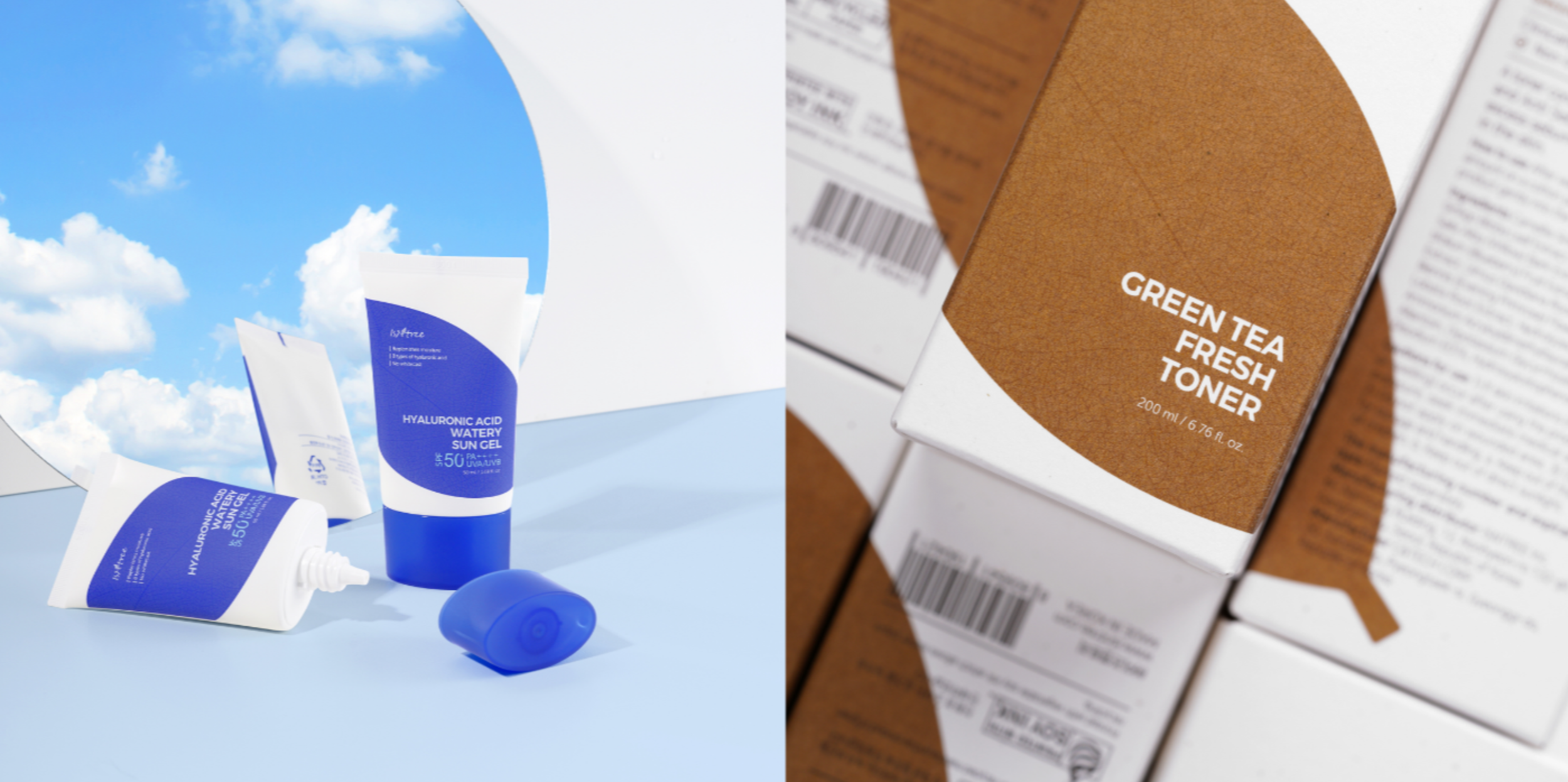 Left side shows skincare tubes labeled 'Hyaluronic Acid Watery Sun Gel' with blue and white packaging, against a blue sky with clouds. Right side features stacked cartons of green tea toner with brown and white packaging.