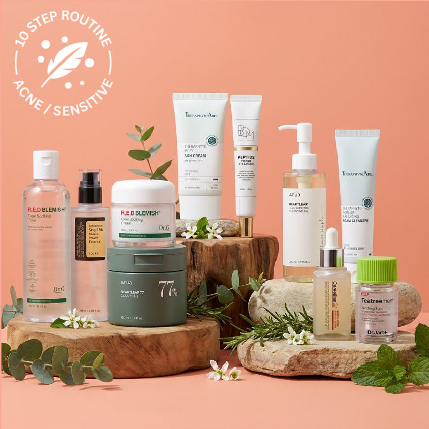 A skincare routine infographic for acne-prone or sensitive skin with steps for cleansing, prepping, nourishing, and protecting. It includes images of skincare products such as cleanser, toner, essence, serum, moisturizer, SPF, sheet mask, and eye cream, arranged on a peach-colored background with green leaves and small bubbles for decoration.