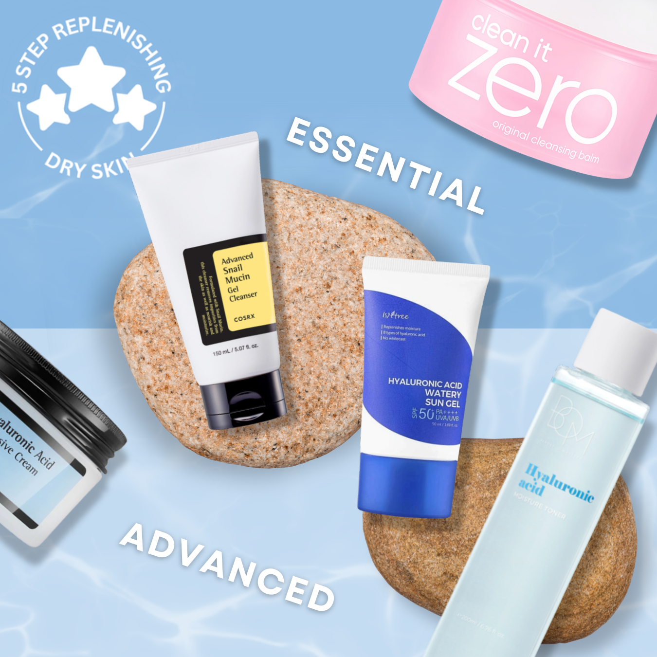 BOM toner, COSRX cleansing foam and cream, Beauty of Joseon cleansing oil, Isntree sun gel, labeled as a 5-step replenishing routine. 