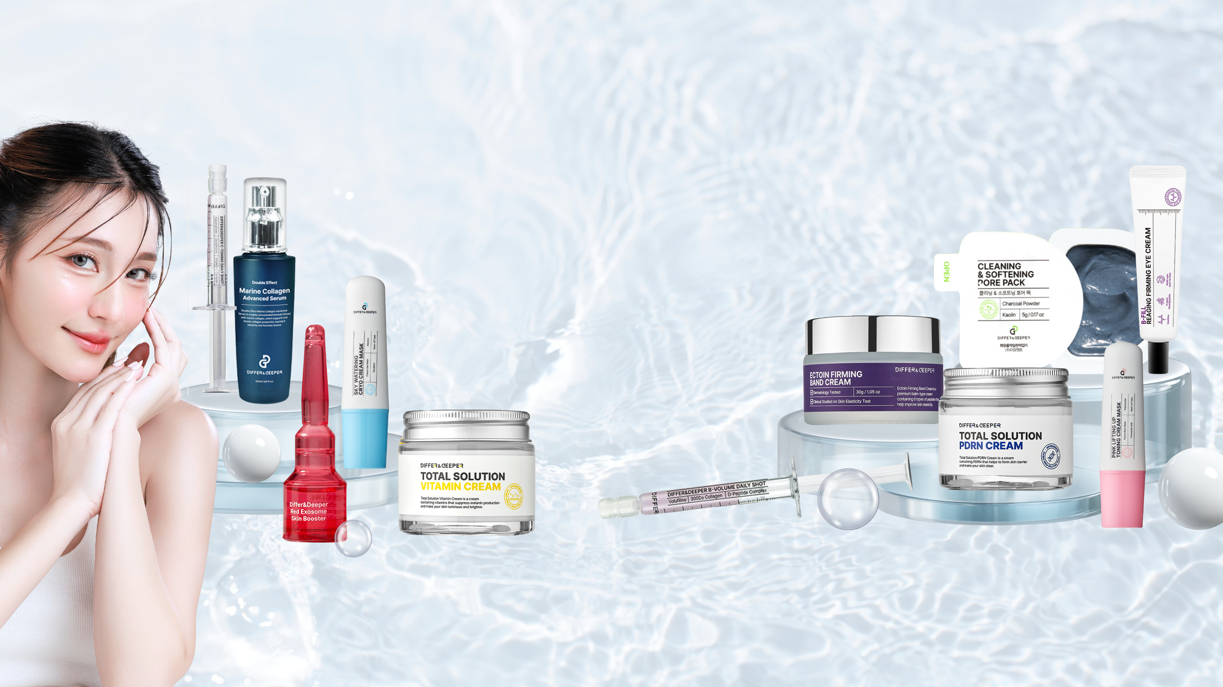 Display of pastel and red colored beauty products on a 3d pedestal colored blue with gold accents and decorative golden arcs and 3d clouds all over, against a blue and yellow sky