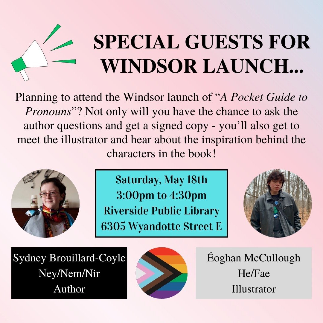 Planning to attend the Windsor launch of &ldquo;A Pocket Guide to Pronouns&rdquo;? You'll get to meet not only Sydney, but also &Eacute;oghan - the illustrator of the amazing characters in the book! 

Don't miss out - see you Saturday! 🏳️&zwj;🌈🏳️&