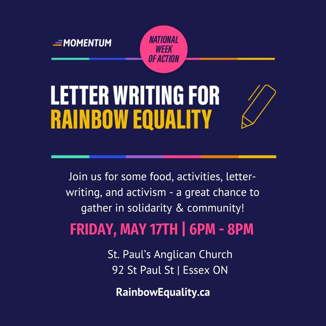 Just over 24 hours until the Windsor/Essex event to celebrate Rainbow Week of Action! Come join us for an evening of food, activities, letter-writing, and activism - a great chance to gather in solidarity and community! 🏳️&zwj;🌈

Please make sure t