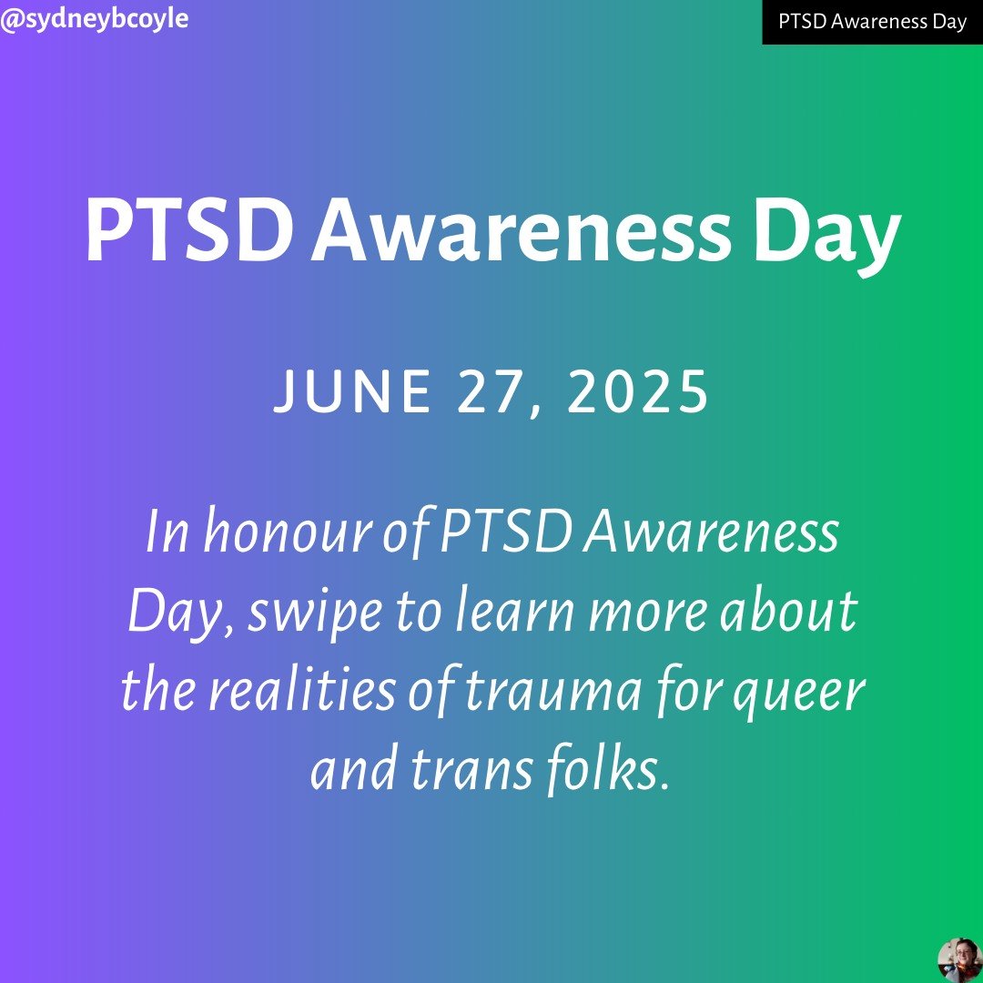 Today is PTSD Awareness Day. PTSD is something that affects many people, not just military and first responders. Swipe to see a breakdown of some common myths, a discussion of the impact of trauma on the 2SLGBTQIA+ community, and strategies for showi