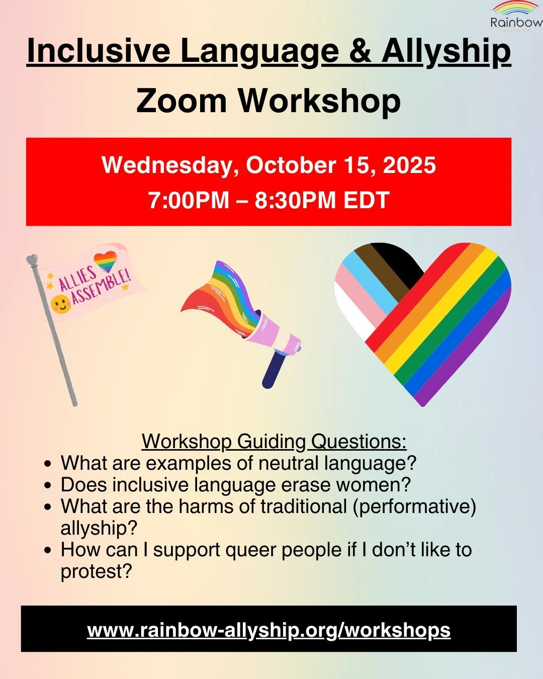 Just a couple weeks till my workshop on Inclusive Language &amp; Allyship - the same day as International Pronouns Day! 

Register now to secure your spot - spaces are filling up fast!
https://www.rainbow-allyship.org/workshops

🗓 Wednesday, October