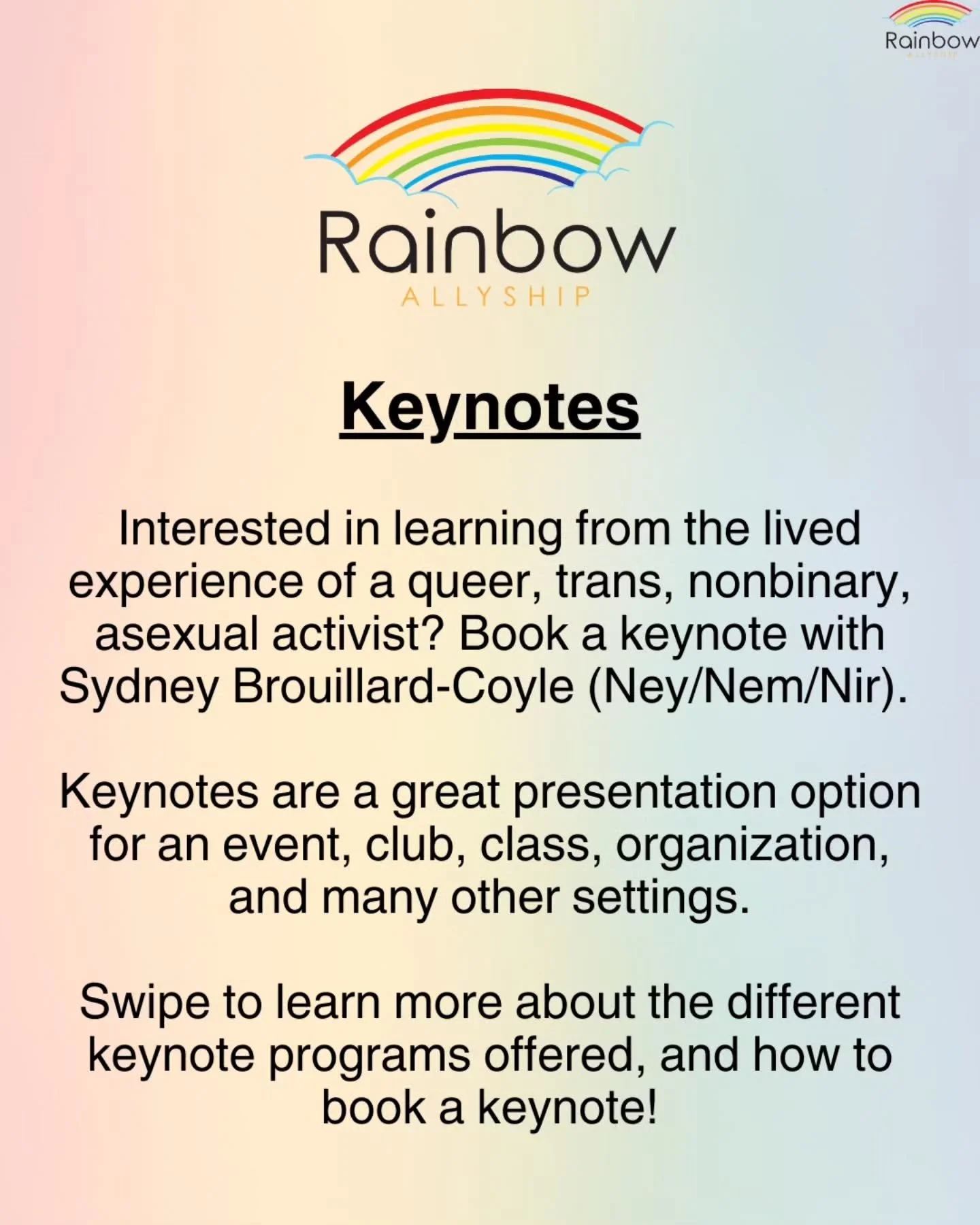 Did you know that in addition to Allyship Training and Consultations, I also offer Keynotes? These are presentations shaped by my lived experiences, and are a great educational option for events, clubs, classes, organizations, and more. 

Check out t