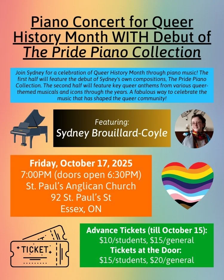 Windsor/Essex - join me tomorrow night for my Piano Concert for Queer History Month! This also includes a debut of some of my own compositions, The Pride Piano Collection.
π Friday, October 17, 2025
π 7:00pm (doors open 6:30pm)
π St. Paul's Angli