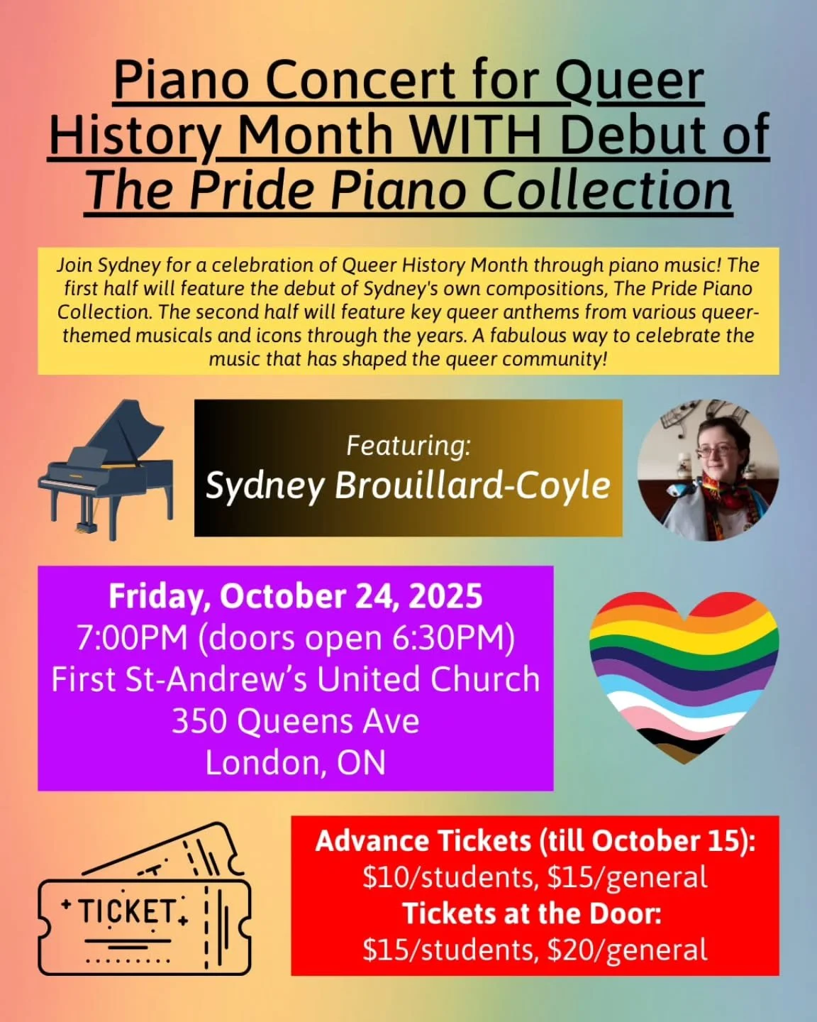 A quick reminder that my Piano Concert for Queer History Month is in just two days! I would absolutely love to see folks there! π³οΈ‍β§οΈ π³οΈ‍π
π Friday, October 24
β°οΈ 7:00pm (doors open at 6:30)
πFirst St Andrew's United Church, London (350
