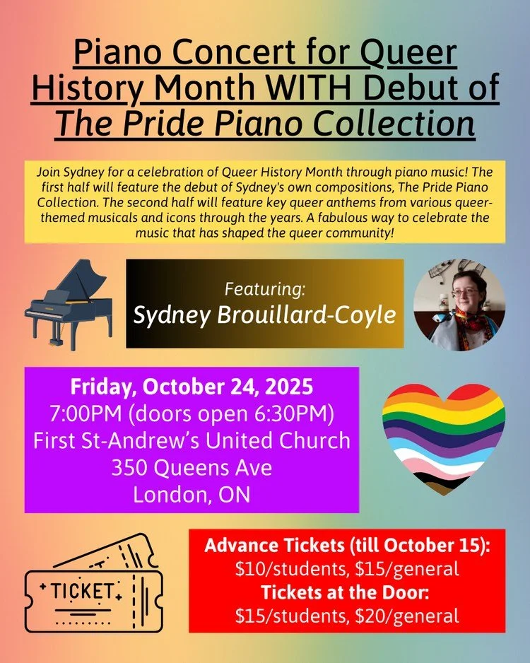 London - join me tomorrow night for my Piano Concert for Queer History Month! This also includes a debut of some of my own compositions, The Pride Piano Collection.
π Friday, October 24, 2025
π 7:00pm (doors open 6:30pm)
π First St-Andrew's Unite