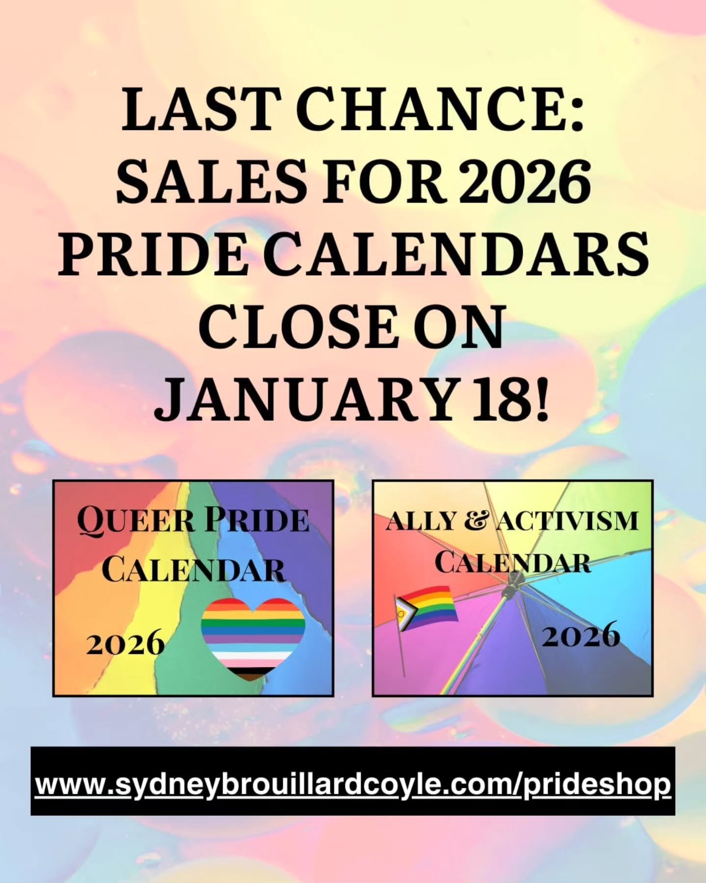 LAST CHANCE to get your 2026 Pride calendars - and they are now ON SALE! Just $20, or 2 for $35. Sales close on January 18!

Special Features of the Pride Calendars
🏳️&zwj;🌈 Designed by me! No AI, no corporations - just directly supporting a queer,
