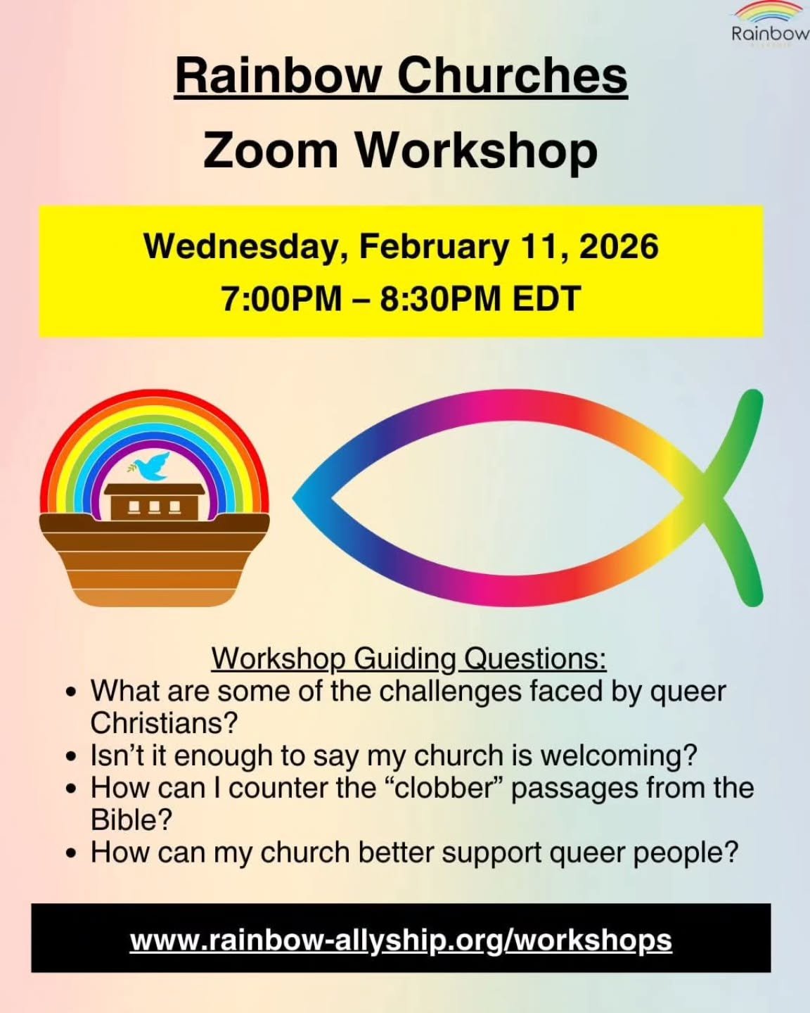 ‼️‼️ Last chance to register ‼️‼️

Join me to learn about how churches can be affirming and allied places of community for queer and trans folks. This workshop will take place online on Wednesday. Registration is required and admission is by donation