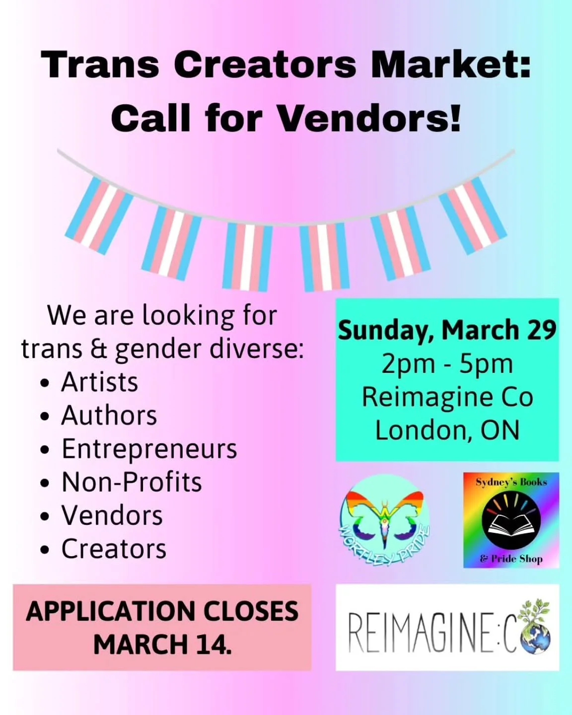 Hey London trans creators! I'm excited to partner with Wortley Pride and Reimagine Co to host a fabulous market in honour of Trans Day of Visibility, to celebrate and highlight trans and gender diverse creators. 

Details:
🗓️Saturday, March 29
⏰2pm 