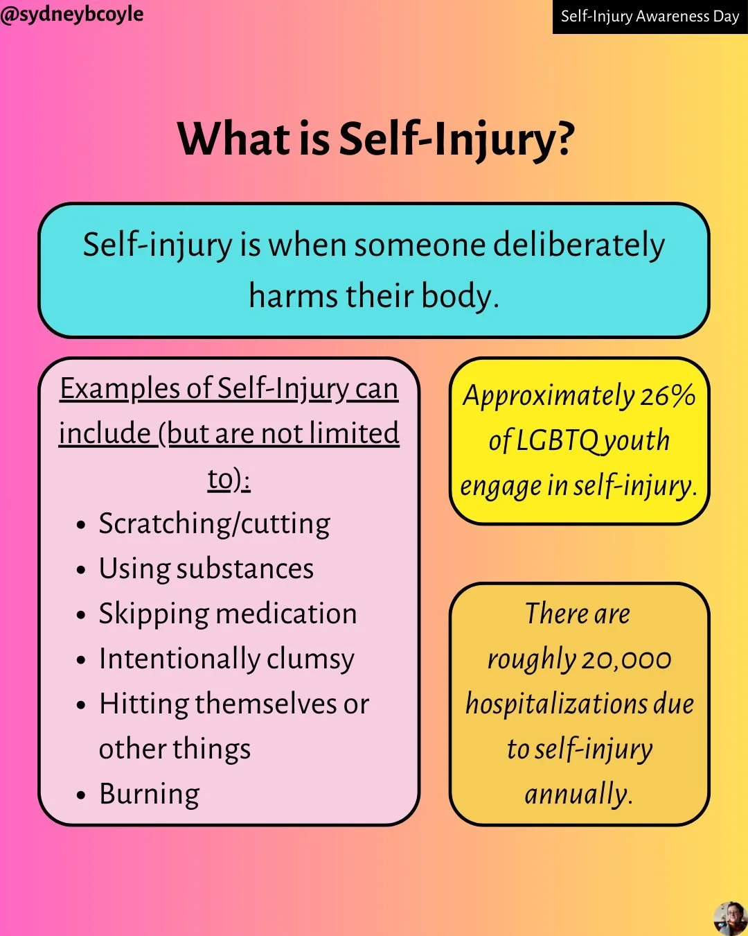 Today is Self-Injury Awareness Day. Help break the stigma by sharing this post to challenge myths and share harm reduction strategies and resources for people who may be struggling.

#selfinjuryawarenessday
#selfinjuryawareness
#harmreduction