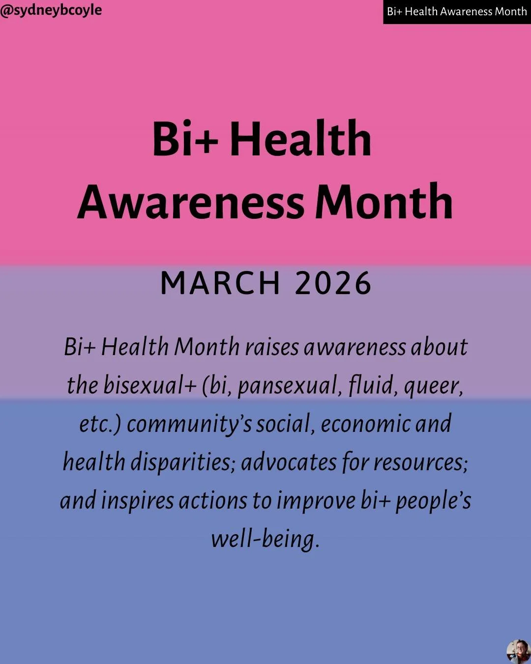 March is Bi Health Awareness Month, a chance to raise awareness about the unique health disparities facing those in the bi+ community. Swipe to learn more about how to engage in this month! 

#bihealthmonth
#bisexualhealthawareness
#bisexualhealthmon