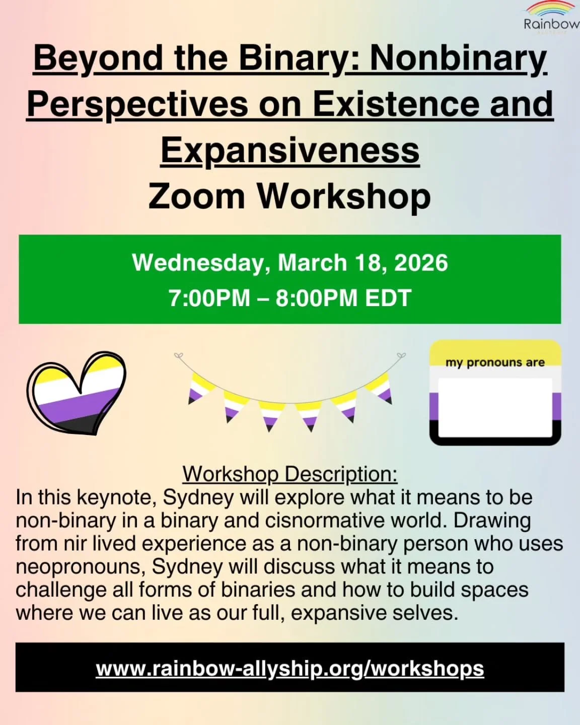 In honour of this month's Trans Day of Visibility, my next workshop will be "Beyond the Binary: Nonbinary Perspectives on Existence and Expansiveness." The workshop will take place on Zoom and is open to anyone, admission by donation! 

Mak
