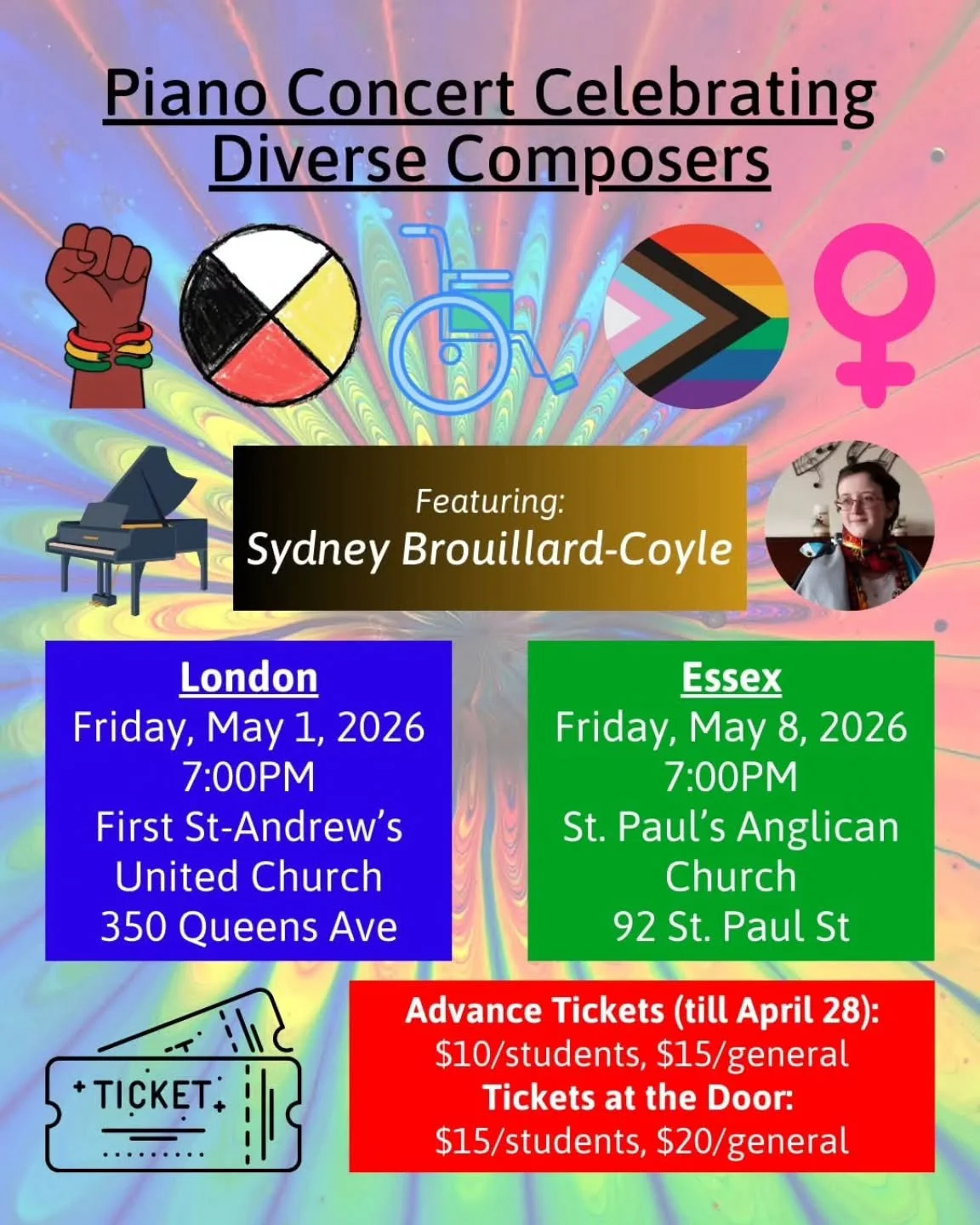Save the date! 

I'm excited to announce that my next Piano Concert will celebrate Diverse Composers! Join me for a night of piano music composed by Black, Indigenous, Disabled, Queer, and Women composers! 

London is May 1, Essex is May 8! 

Advance