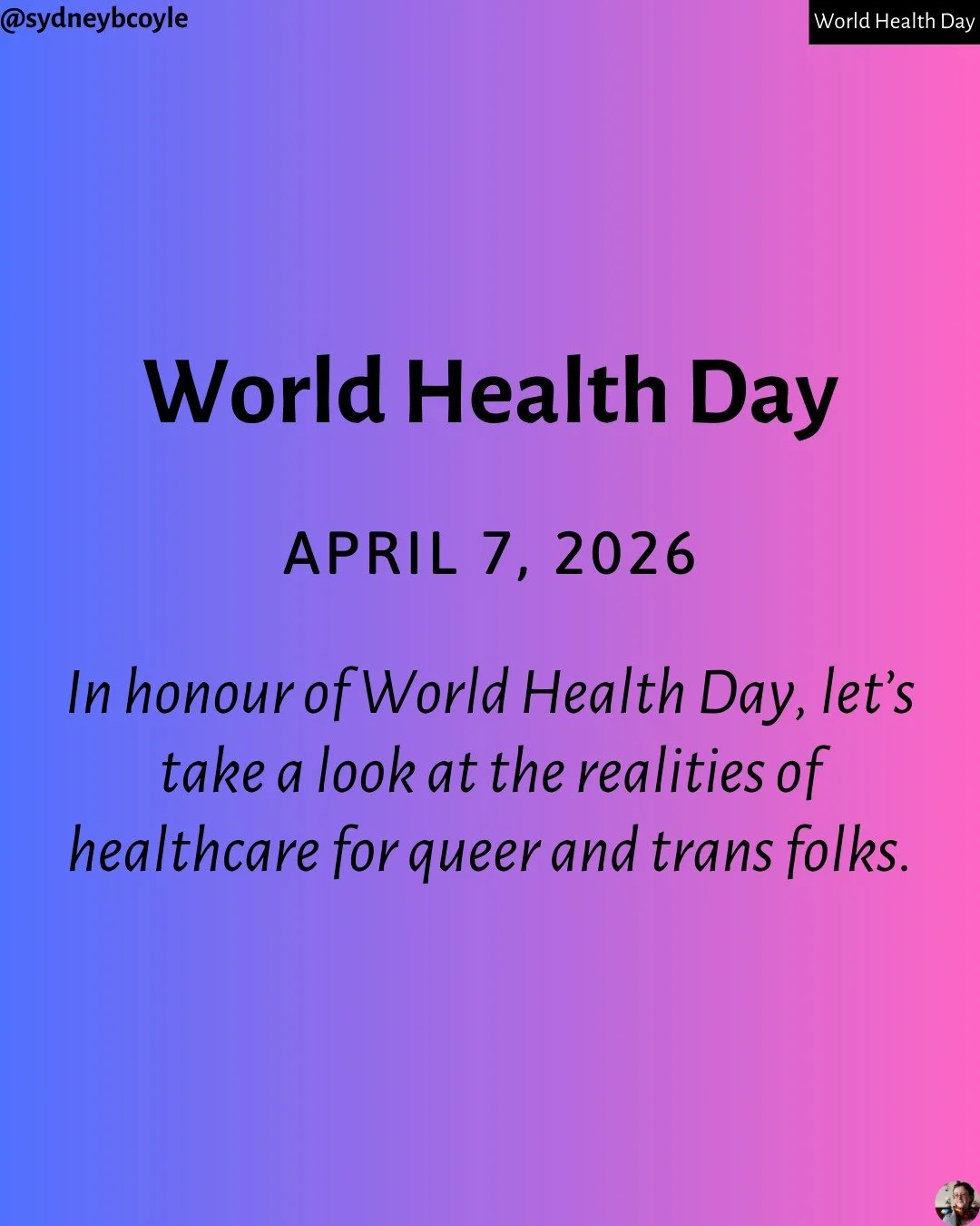 Today is World Health Day, a chance to raise awareness about unique health challenges facing equity-deserving populations. Swipe to learn more about the realities of healthcare for queer and trans individuals. 

#worldhealthday
#lgbtqhealth
#healthca