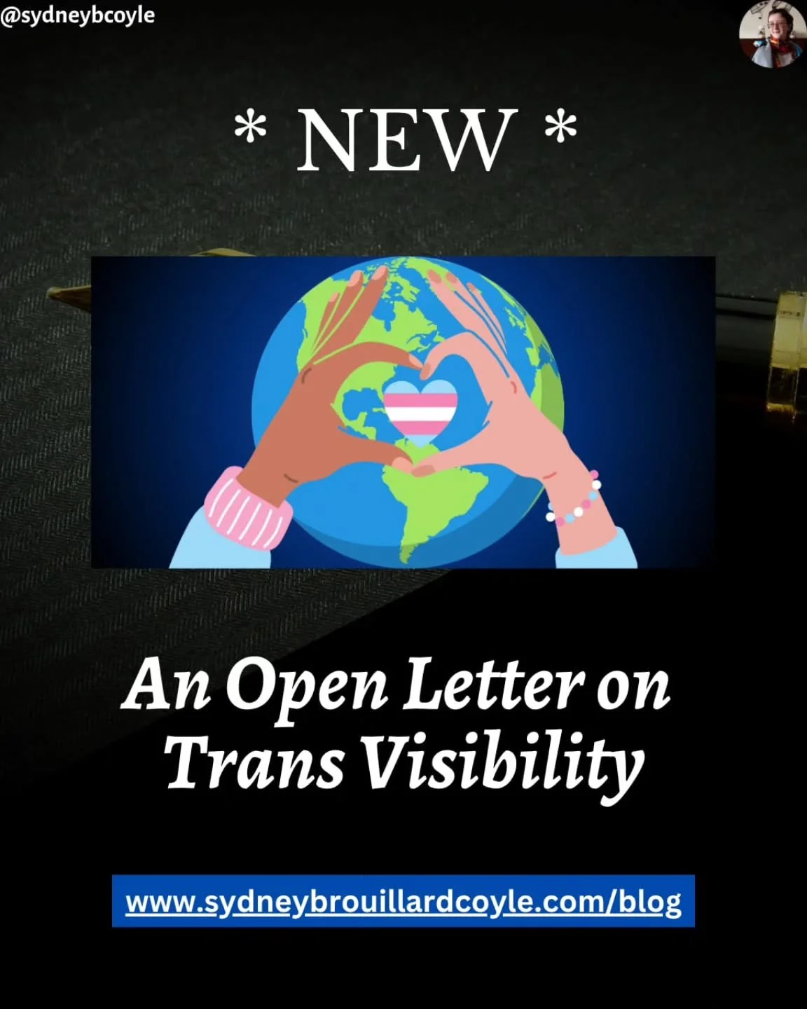 Just over a week ago was the Trans Day of Visibility. Read some of my reflections in my latest open letter below or at the link in my bio!

https://www.sydneybrouillardcoyle.com/blog/transvisibility