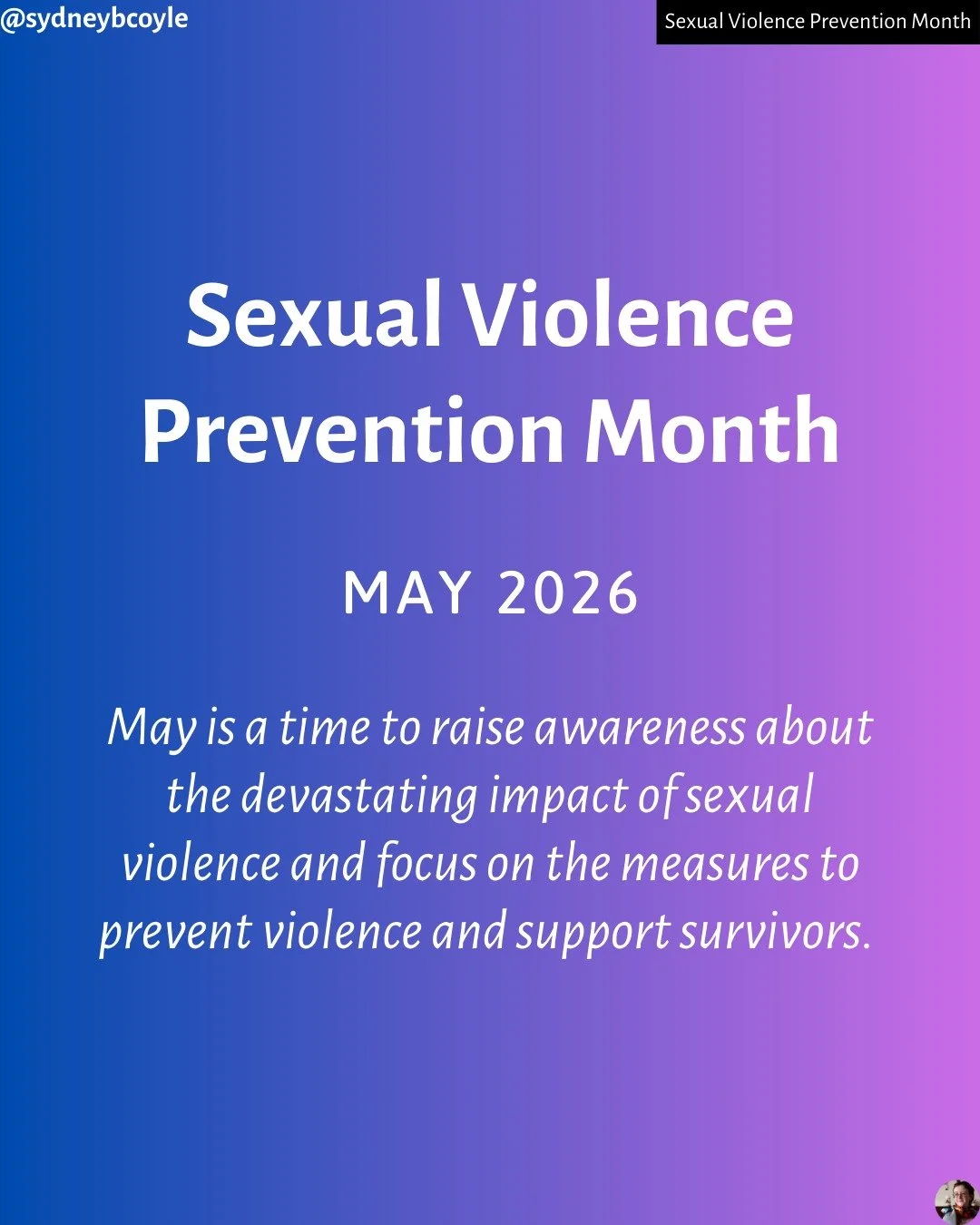 May is Sexual Violence Prevention Month, a time to challenge myths about sexual violence, support survivors, and work to dismantle cisheteropatriarchy and rape culture. Swipe to learn more.

#sexualviolencepreventionmonth
#sexualviolenceprevention
#d