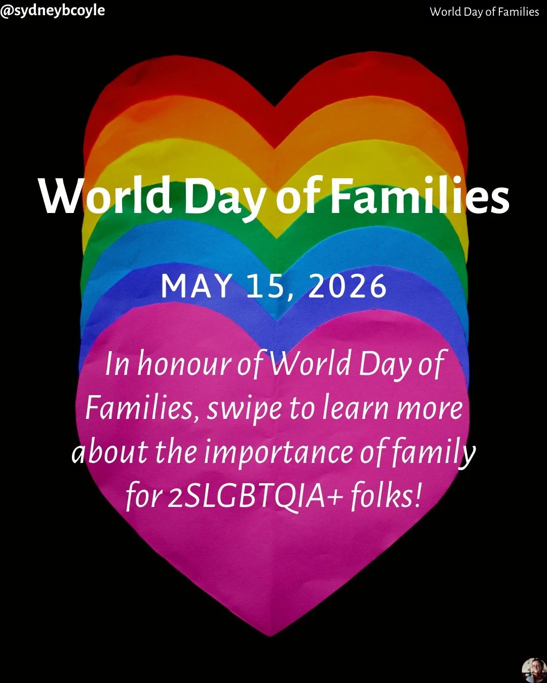 Happy World Day of Families! Family can mean different things to different people, especially for those of us in the queer and trans community, who often have "chosen family". Swipe for more! 

#worlddayoffamilies
#lgbtqfamily
#chosenfamily
