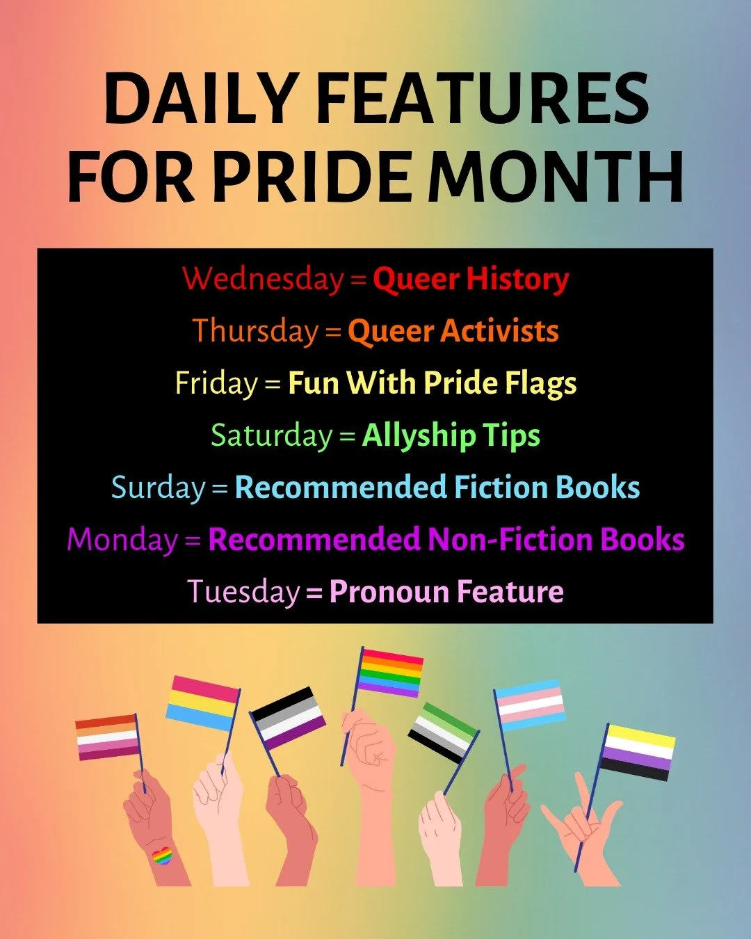 I'm officially kicking off the daily features for Pride Month! That's right, every day you can expect a post on a different Pride theme, starting today. Here's what to look forward to:

Wednesday = Queer History
Thursday = Queer Activists
Friday = Fu