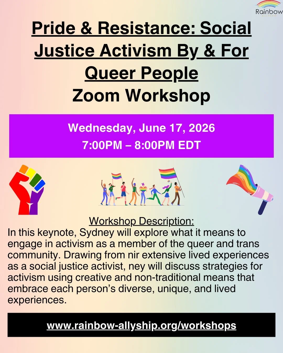 In honour of Pride Month, I'm offering a special workshop over Zoom - Pride &amp; Resistance: Social Justice Activism By &amp; For Queer People. If you've ever wanted to learn how to engage in activism in creative and meaningful ways, this is the wor