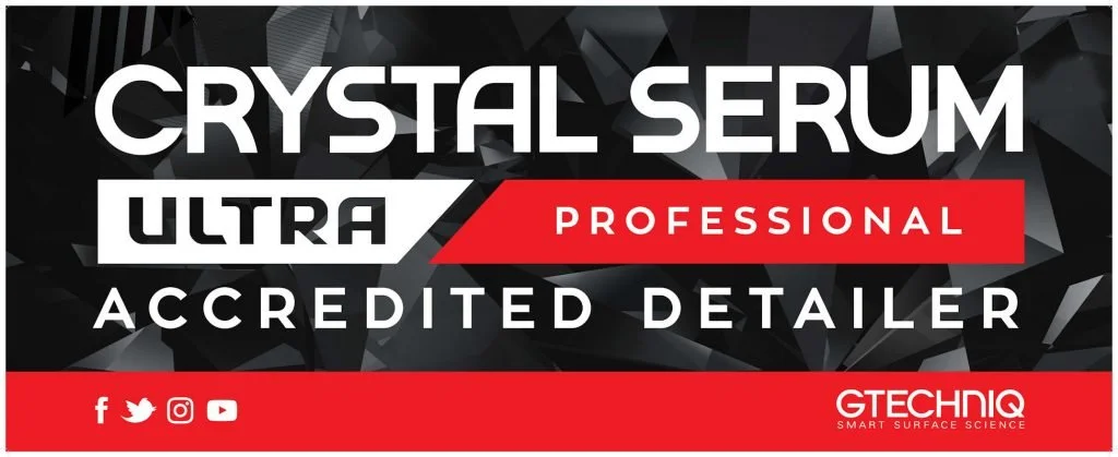 Promotional banner for Crystal Serum Ultra Professional, an accredited detailing product by GTECHNIQ, featuring social media icons at the bottom.