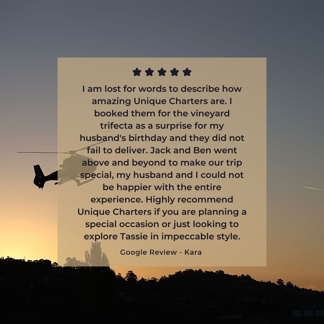 Let us know about your experience by leaving a review. We value hearing from you and what you loved about flying with us - and don't forgot to tag @uniquecharters_au in your posts! 🚁 

#uniquecharters #pepperssilohotel #launceston #northeasttasmania
