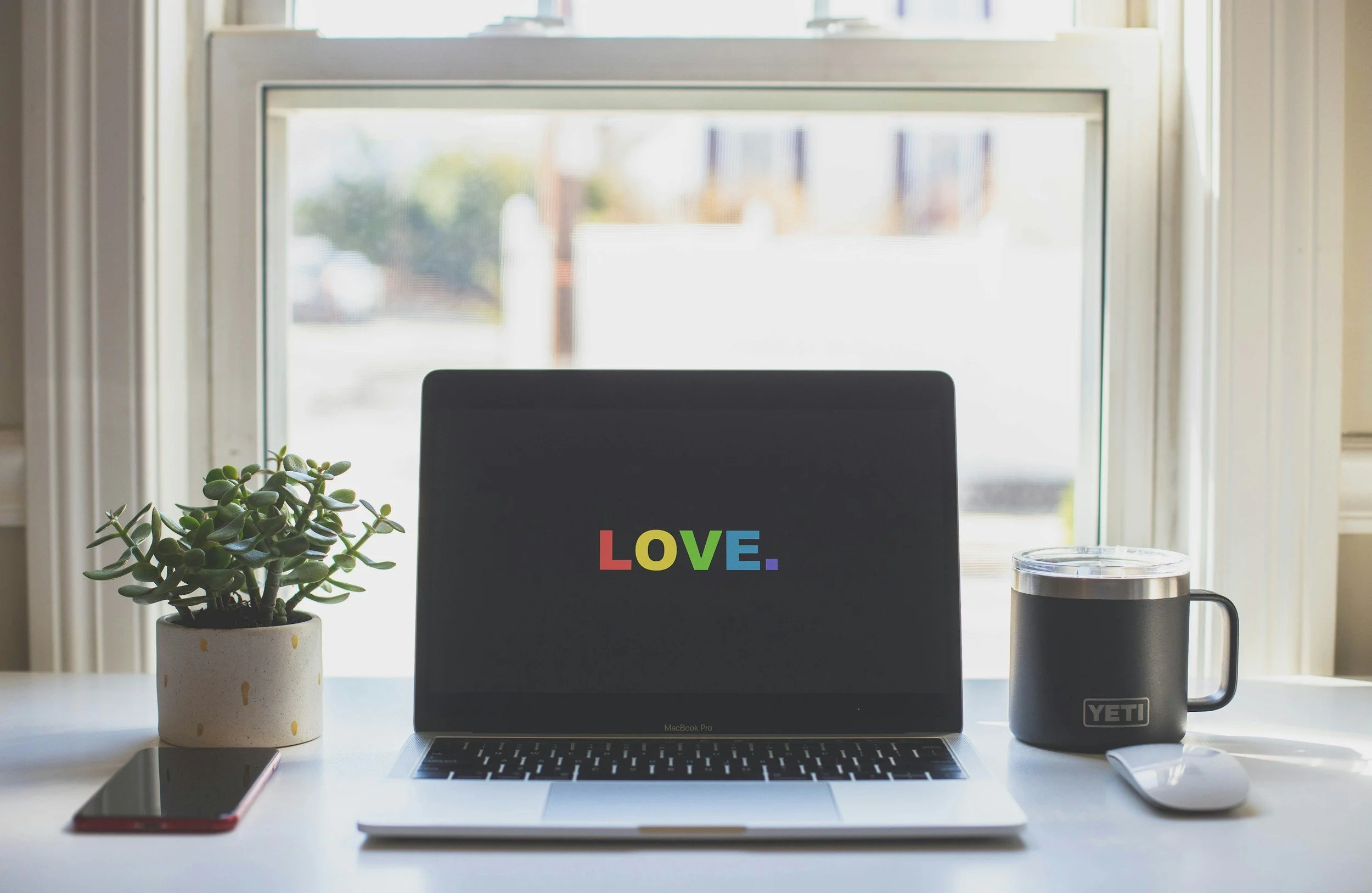 Laptop on desk with plant and mug. The word "love." on screen in rainbow colors.