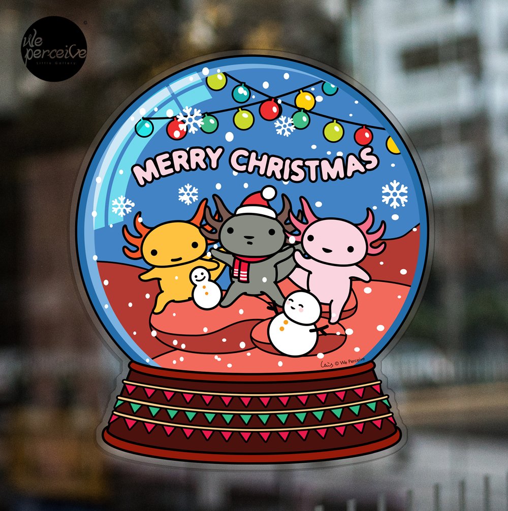 Cutest Axolotl Babies Christmas Snowball transparent sticker on window display.jpg