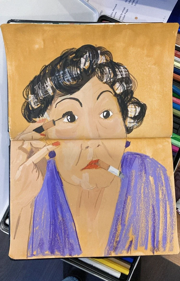 Illustration of lady putting mascara on by Helen Wallace